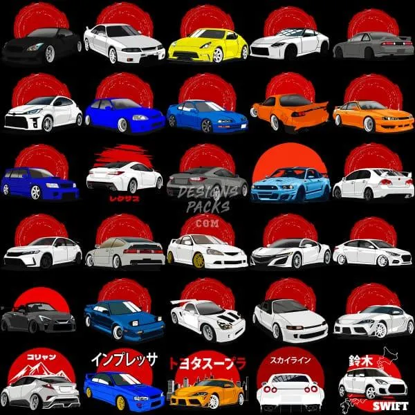 26 JDM V2 Cars Designs Bundle PNG