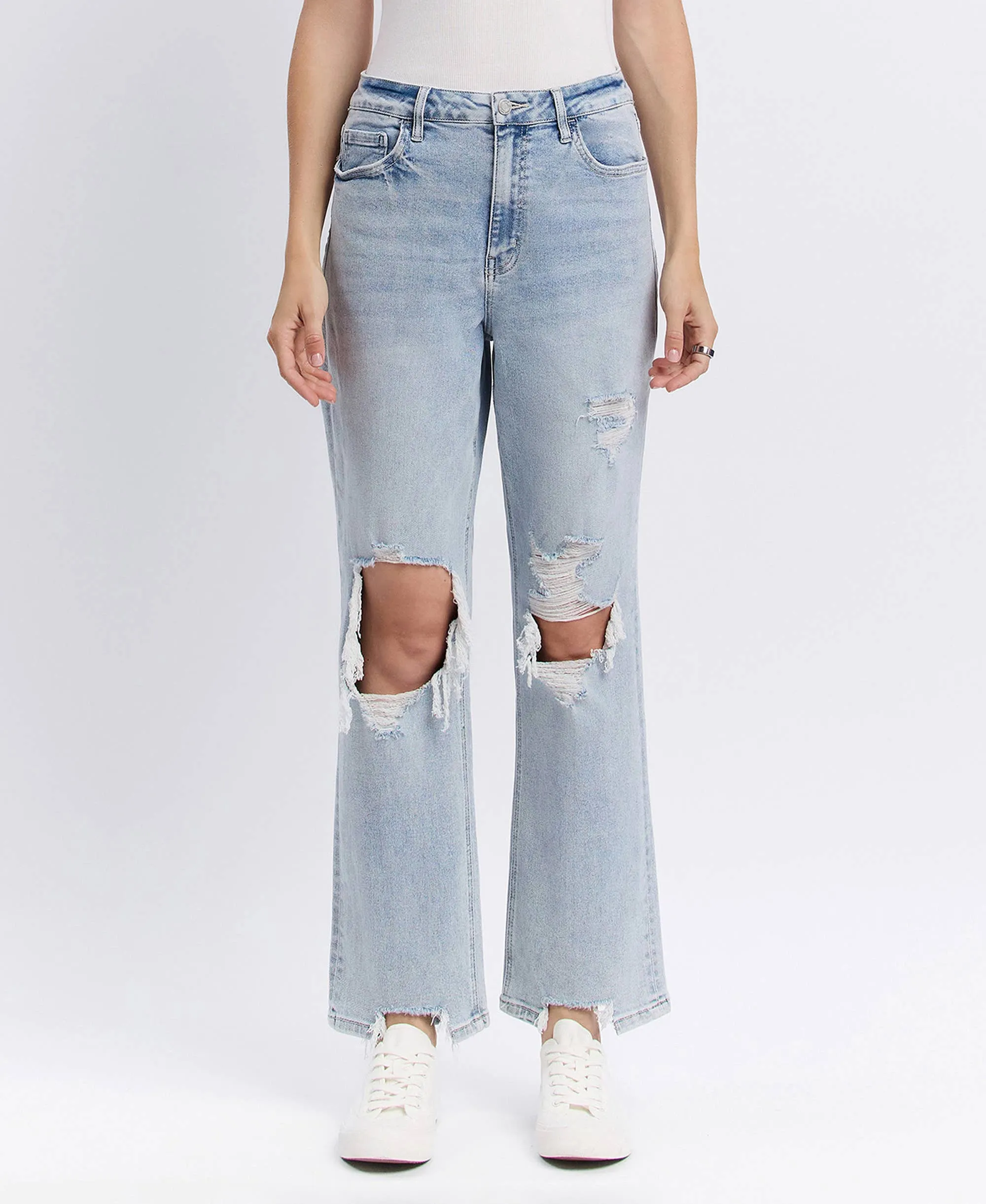 90s Super High-Rise Distressed Straight-Leg Jeans | Light Wash
