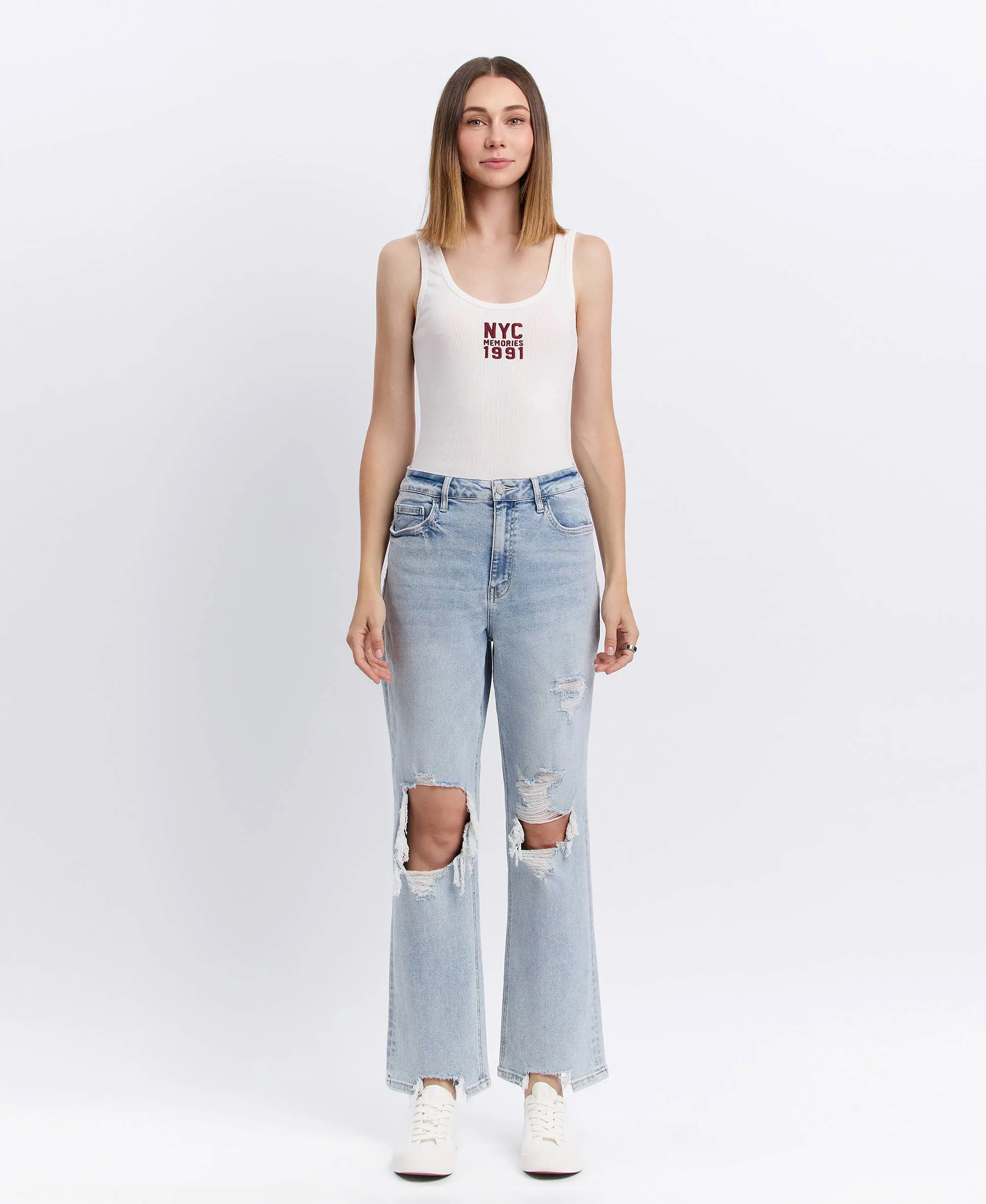90s Super High-Rise Distressed Straight-Leg Jeans | Light Wash