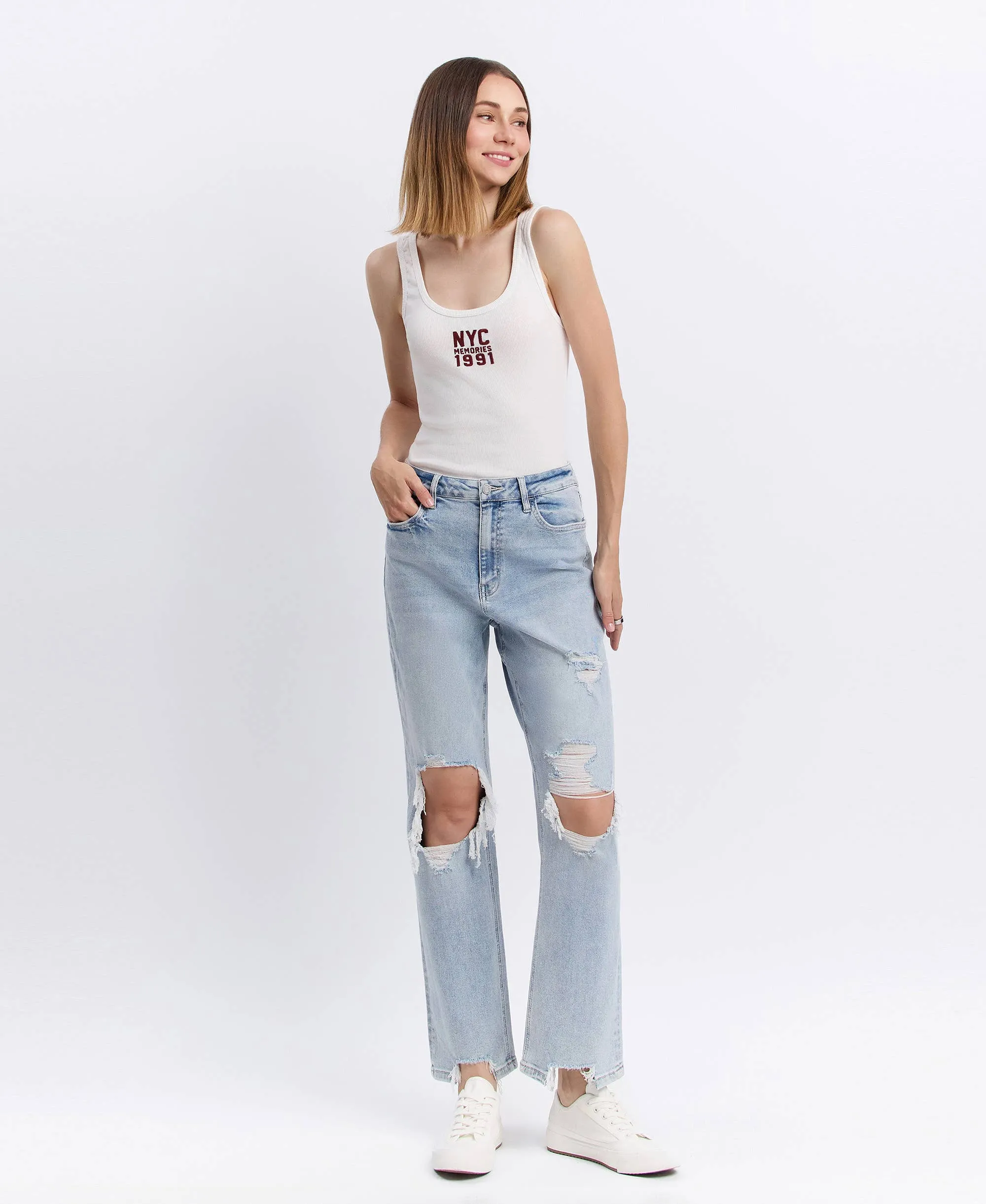 90s Super High-Rise Distressed Straight-Leg Jeans | Light Wash