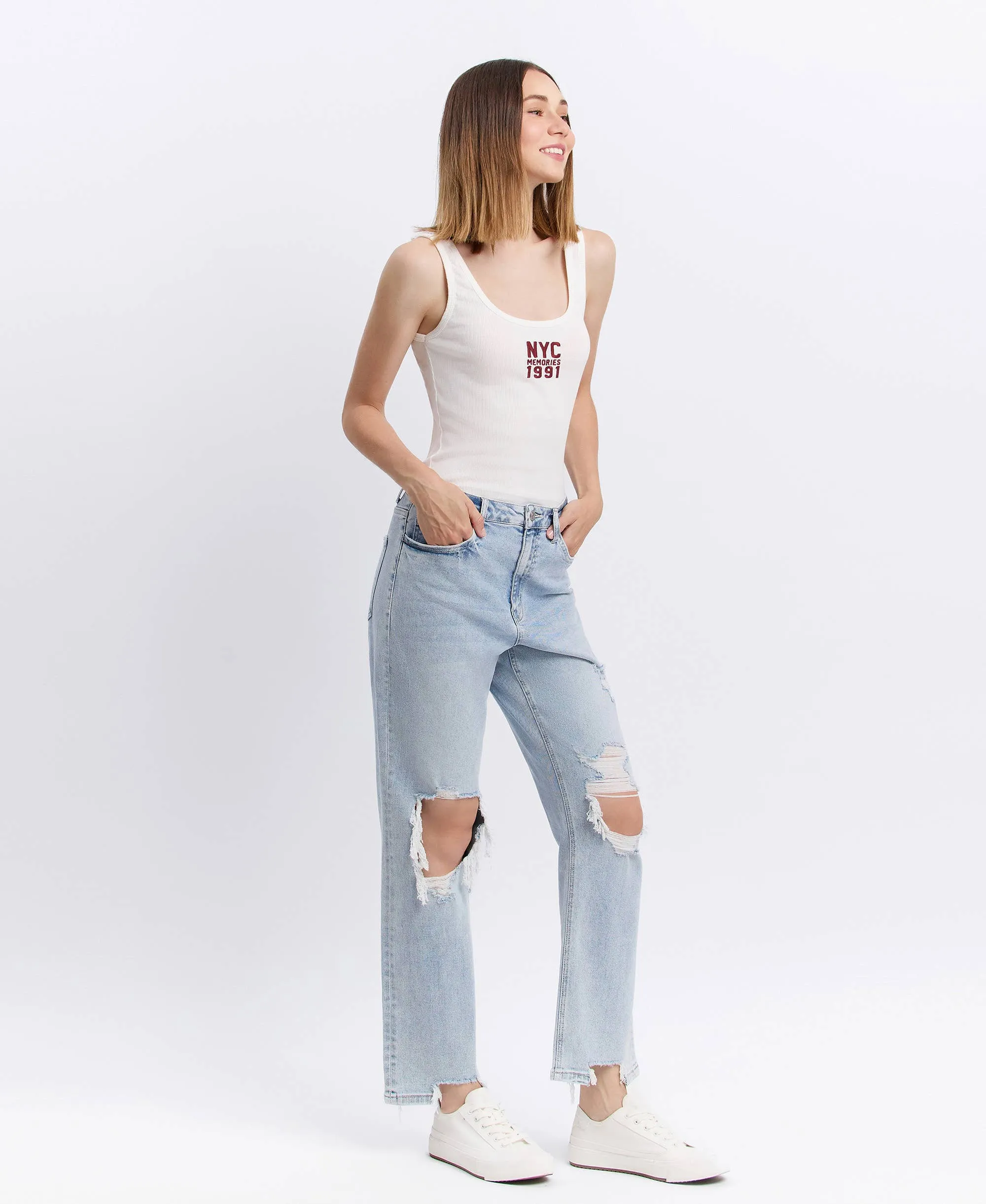 90s Super High-Rise Distressed Straight-Leg Jeans | Light Wash