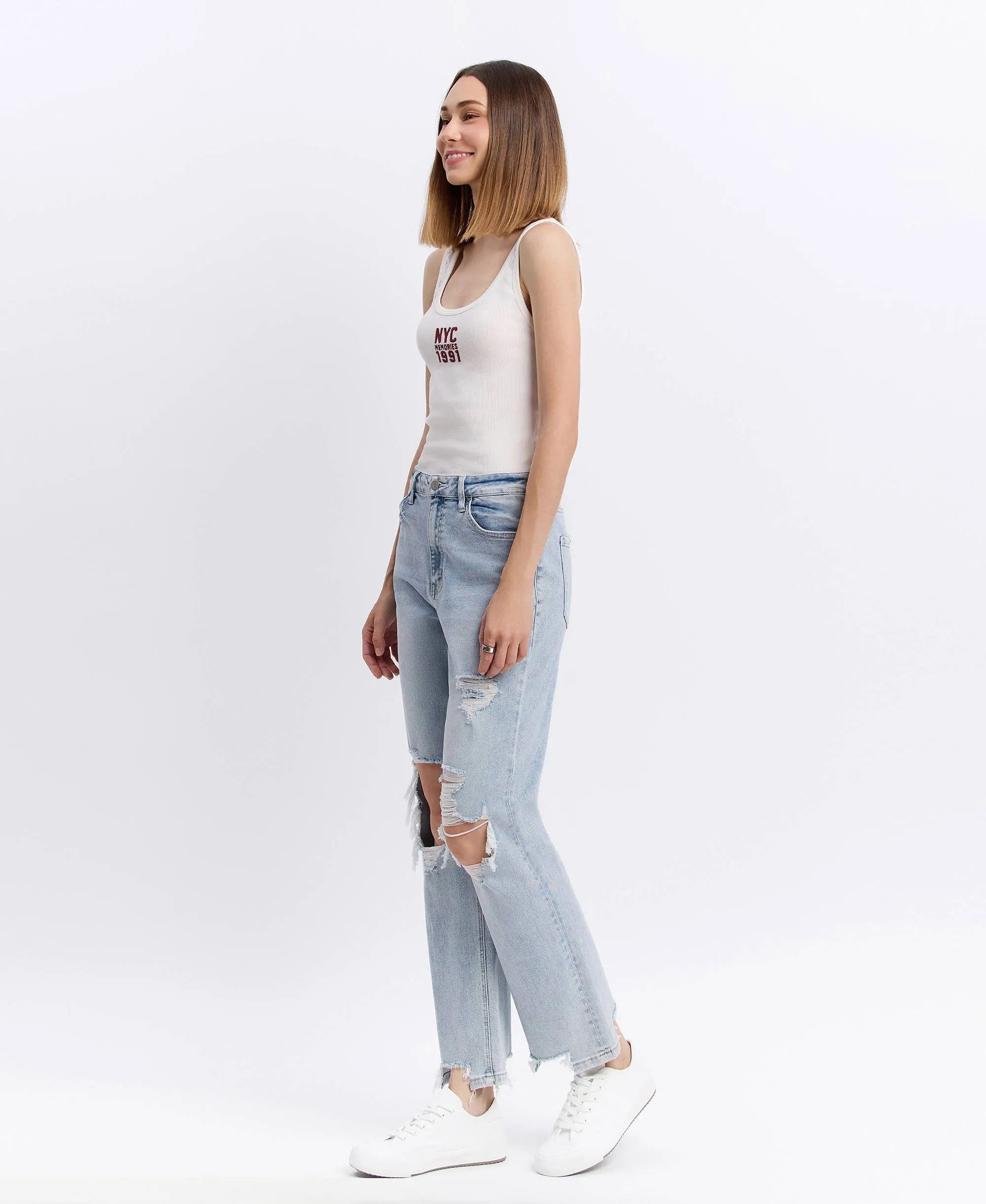 90s Super High-Rise Distressed Straight-Leg Jeans | Light Wash