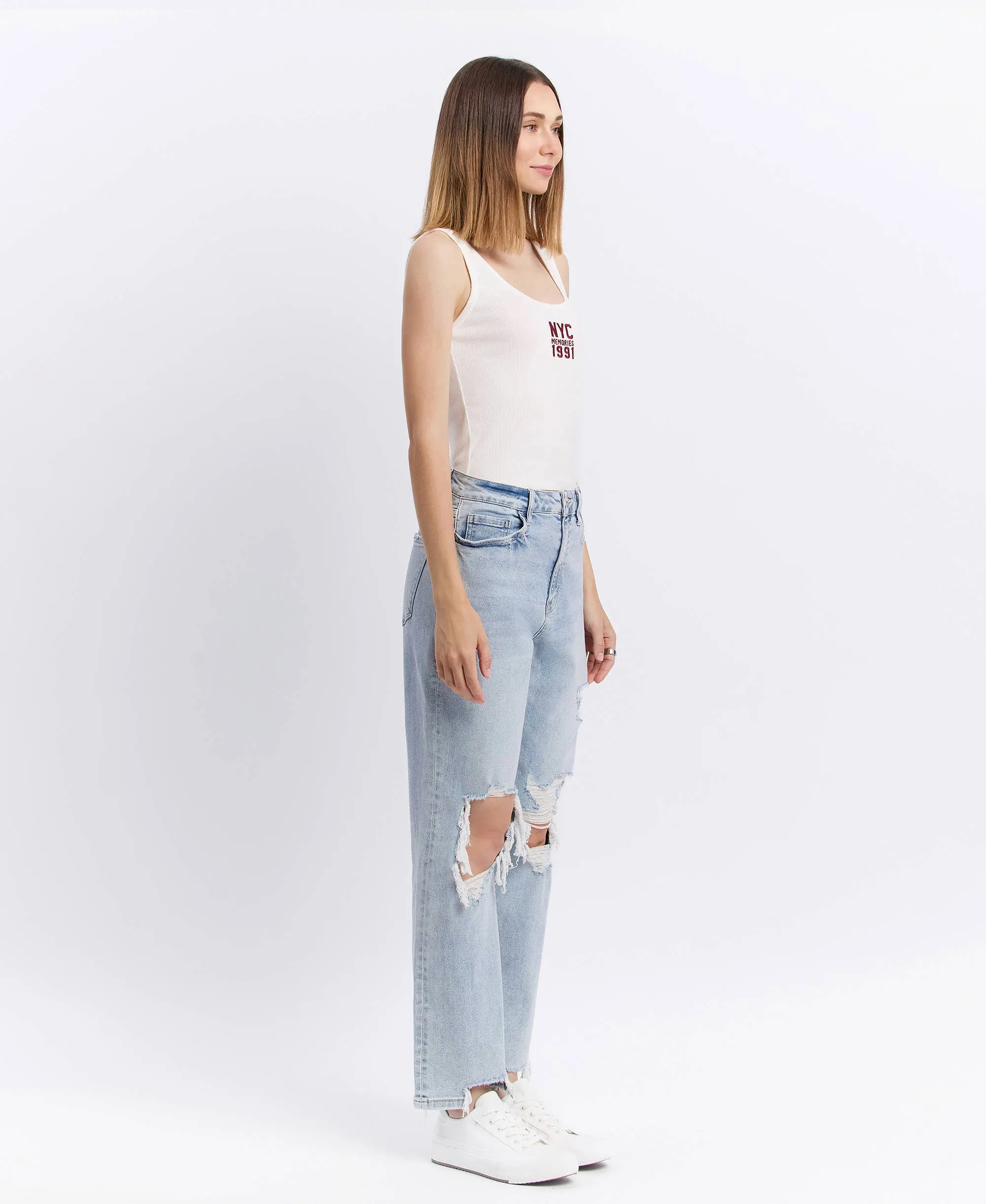 90s Super High-Rise Distressed Straight-Leg Jeans | Light Wash