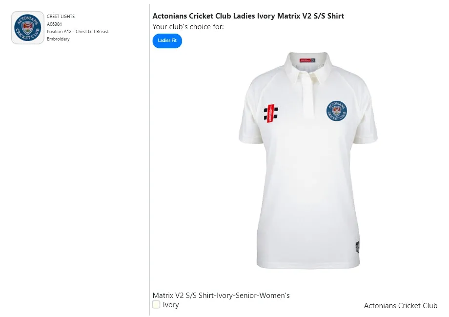 Actonians Cricket Club Ladies Ivory Matrix V2 S/S Shirt