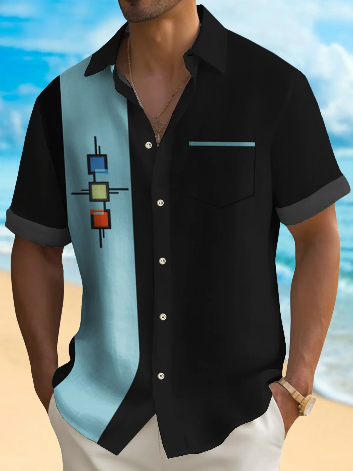 Alohadaddy 50's Vintage Bowling Shirt Medieval Geometry Stretch Quick Dry Pocket Camp Shirt Big Tall