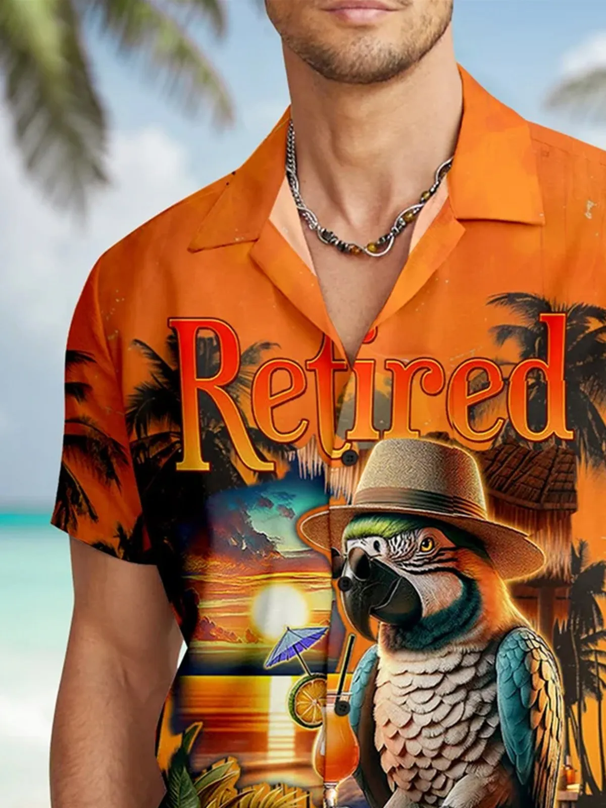 Alohadaddy Beach Sunset Men's Hawaiian Shirt Parrot Tropical Art Quick Dry Men's Pocket Camp Shirt Big Tall