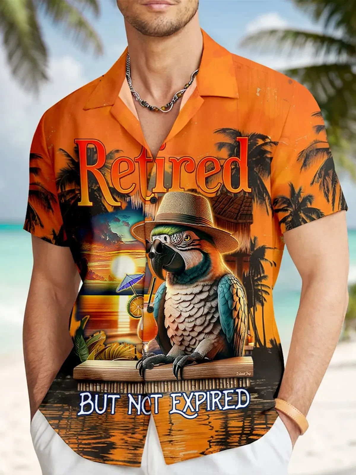 Alohadaddy Beach Sunset Men's Hawaiian Shirt Parrot Tropical Art Quick Dry Men's Pocket Camp Shirt Big Tall