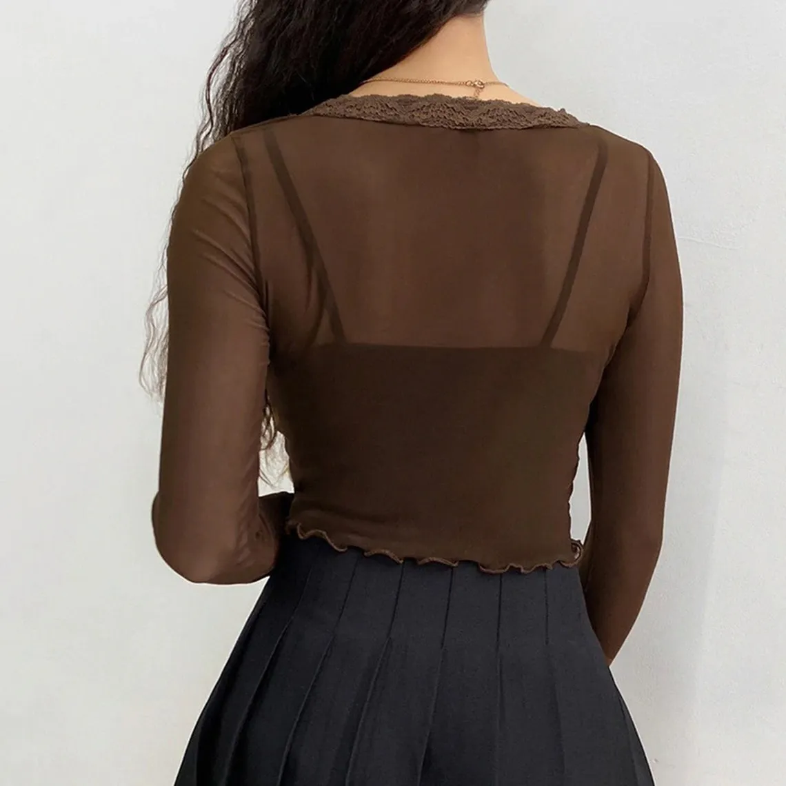 Brown See-through Vintage Floral Lace Cropped Tees