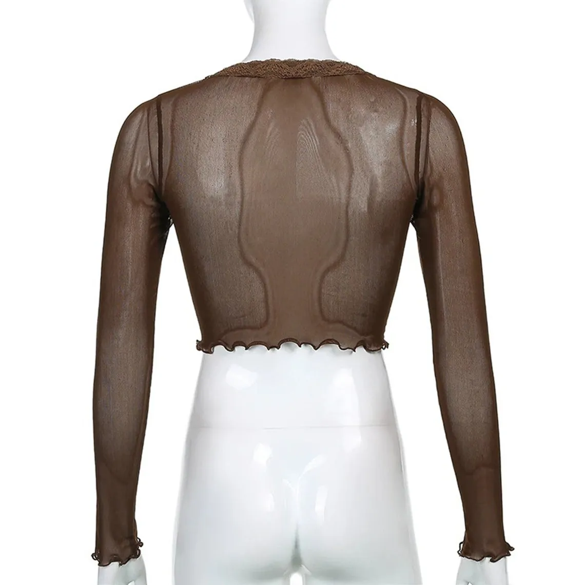 Brown See-through Vintage Floral Lace Cropped Tees