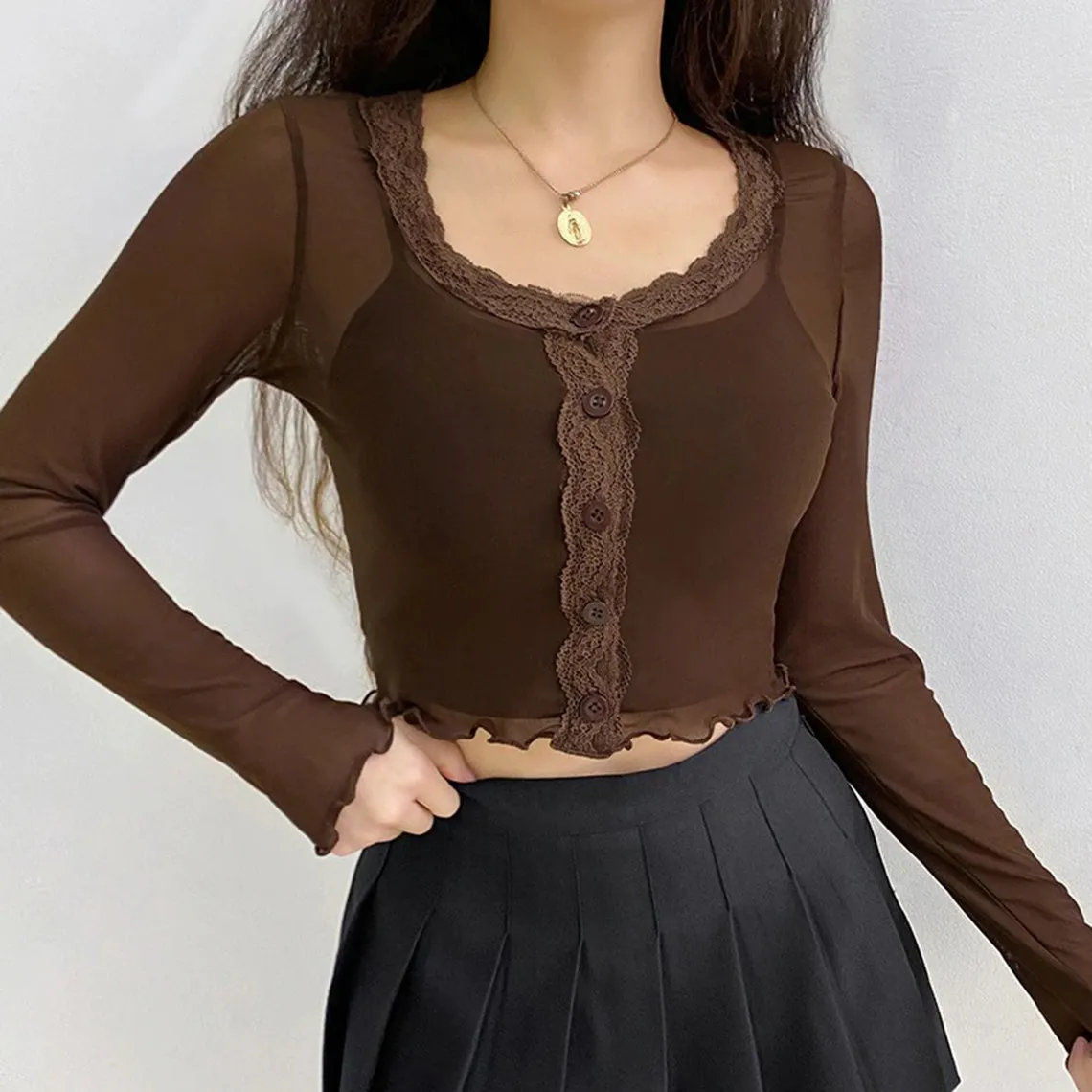 Brown See-through Vintage Floral Lace Cropped Tees