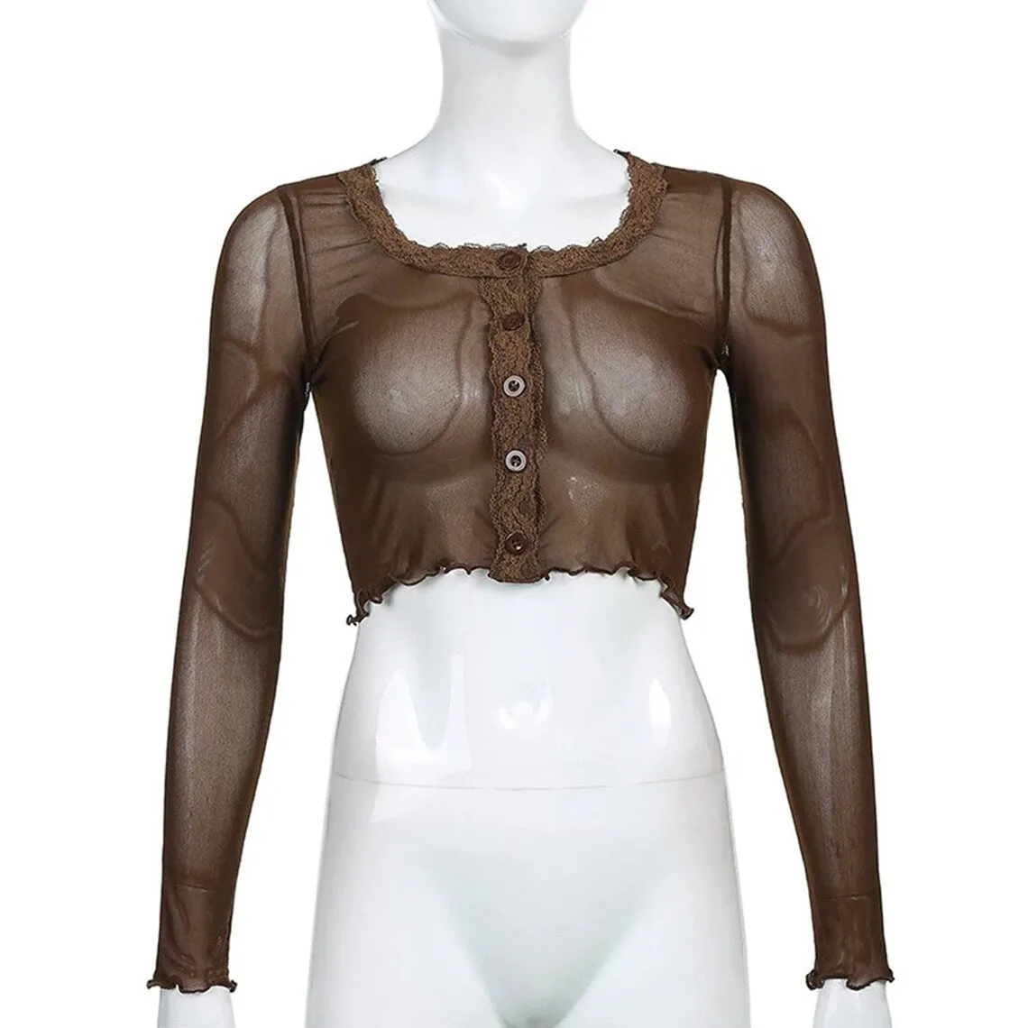 Brown See-through Vintage Floral Lace Cropped Tees