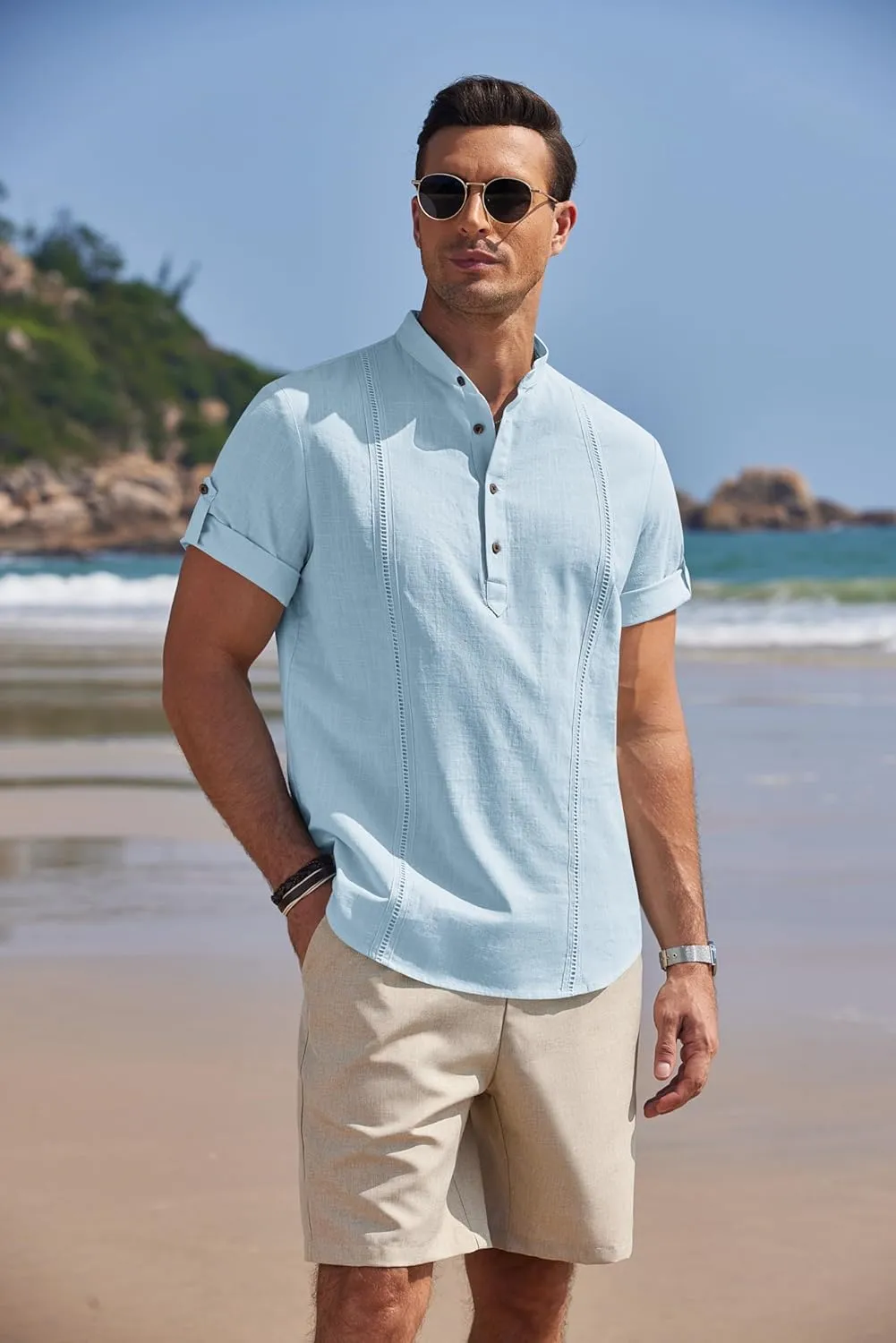 COOFANDY Men's Cotton Linen Henley Shirt Short Sleeve Hippie Casual Band Collar Summer Beach T-Shirts