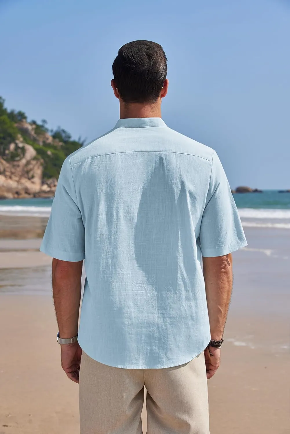 COOFANDY Men's Cotton Linen Henley Shirt Short Sleeve Hippie Casual Band Collar Summer Beach T-Shirts