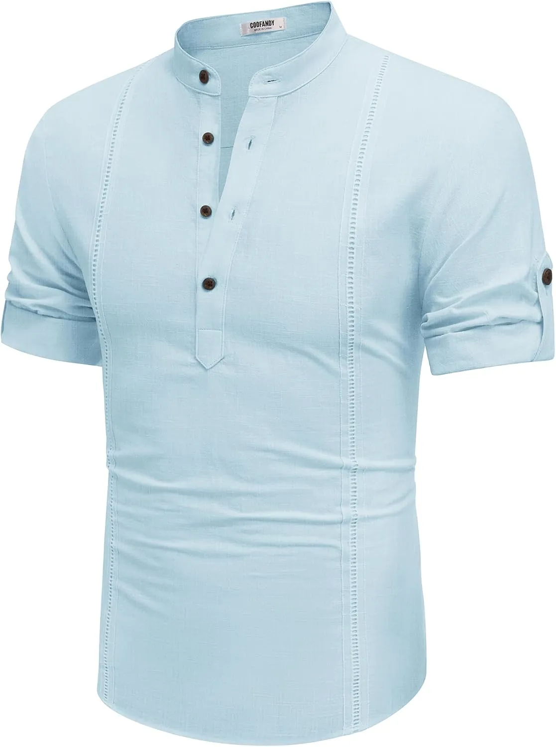 COOFANDY Men's Cotton Linen Henley Shirt Short Sleeve Hippie Casual Band Collar Summer Beach T-Shirts