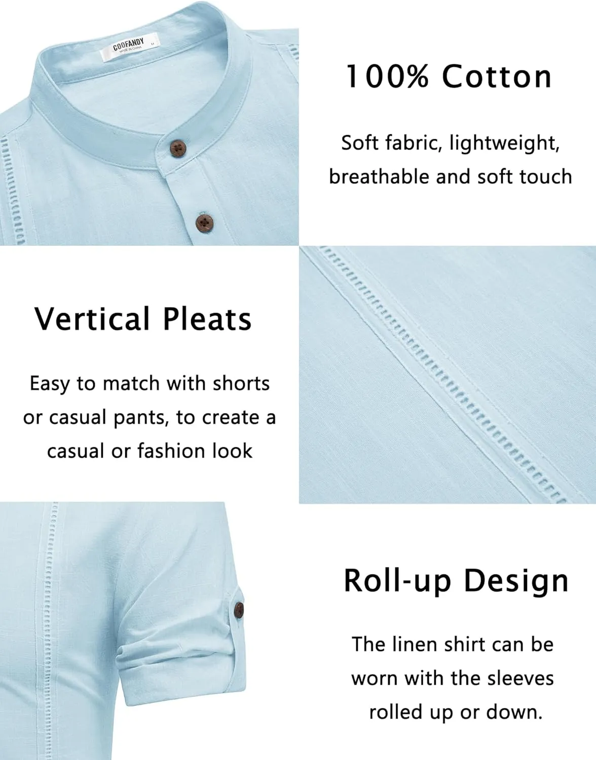 COOFANDY Men's Cotton Linen Henley Shirt Short Sleeve Hippie Casual Band Collar Summer Beach T-Shirts