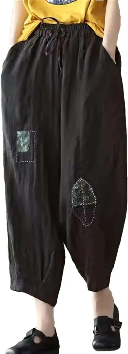 Dndrdhfb Women's Retro Elastic Waist Harem Pants Casual Sports Pants Women's Cotton Wide Leg Pants