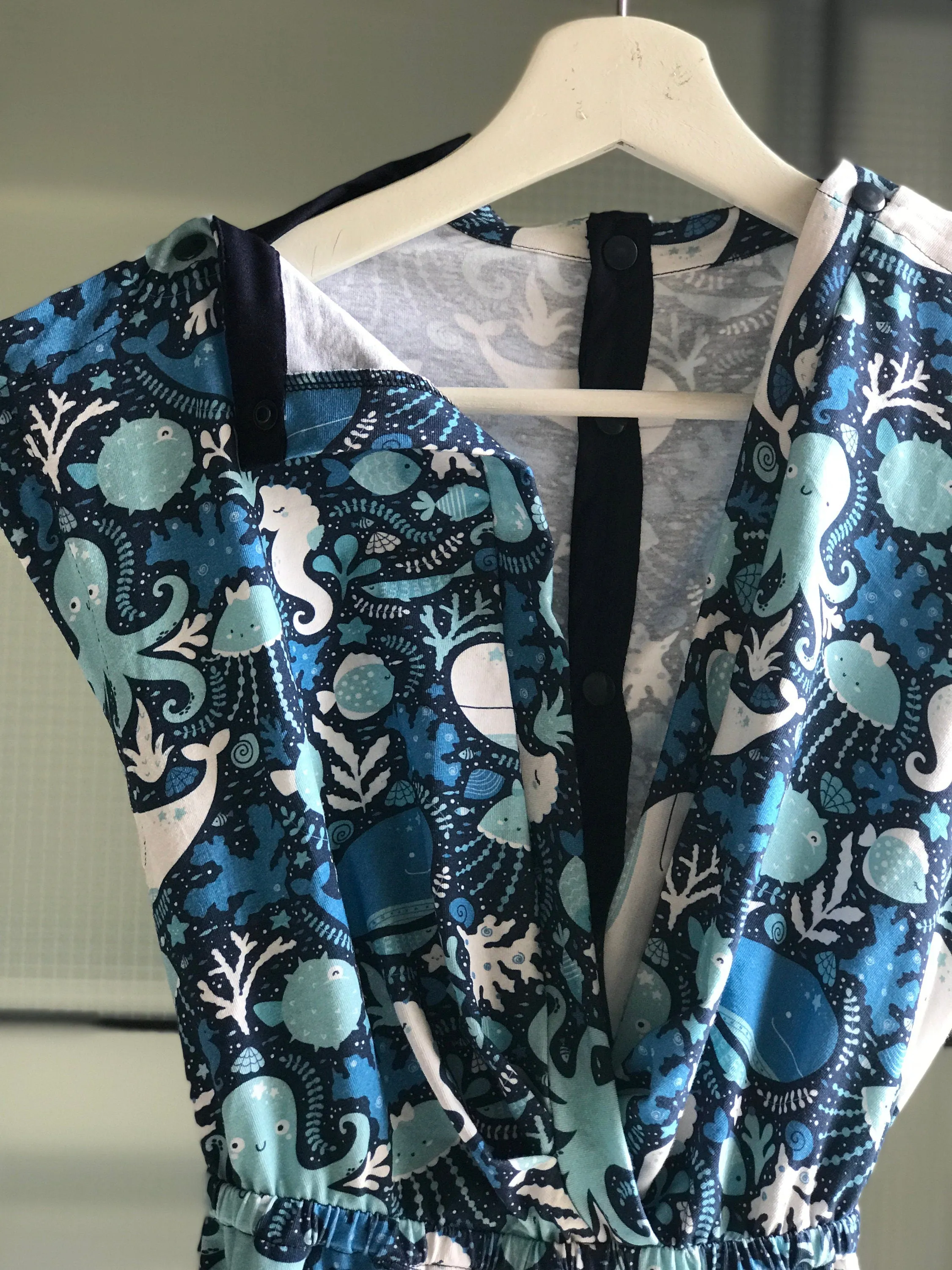 Dress for pregnancy, labor and delivery, breastfeeding, night time feeding, soft jersey cotton, flattering fit in happy whale. Baby boy.