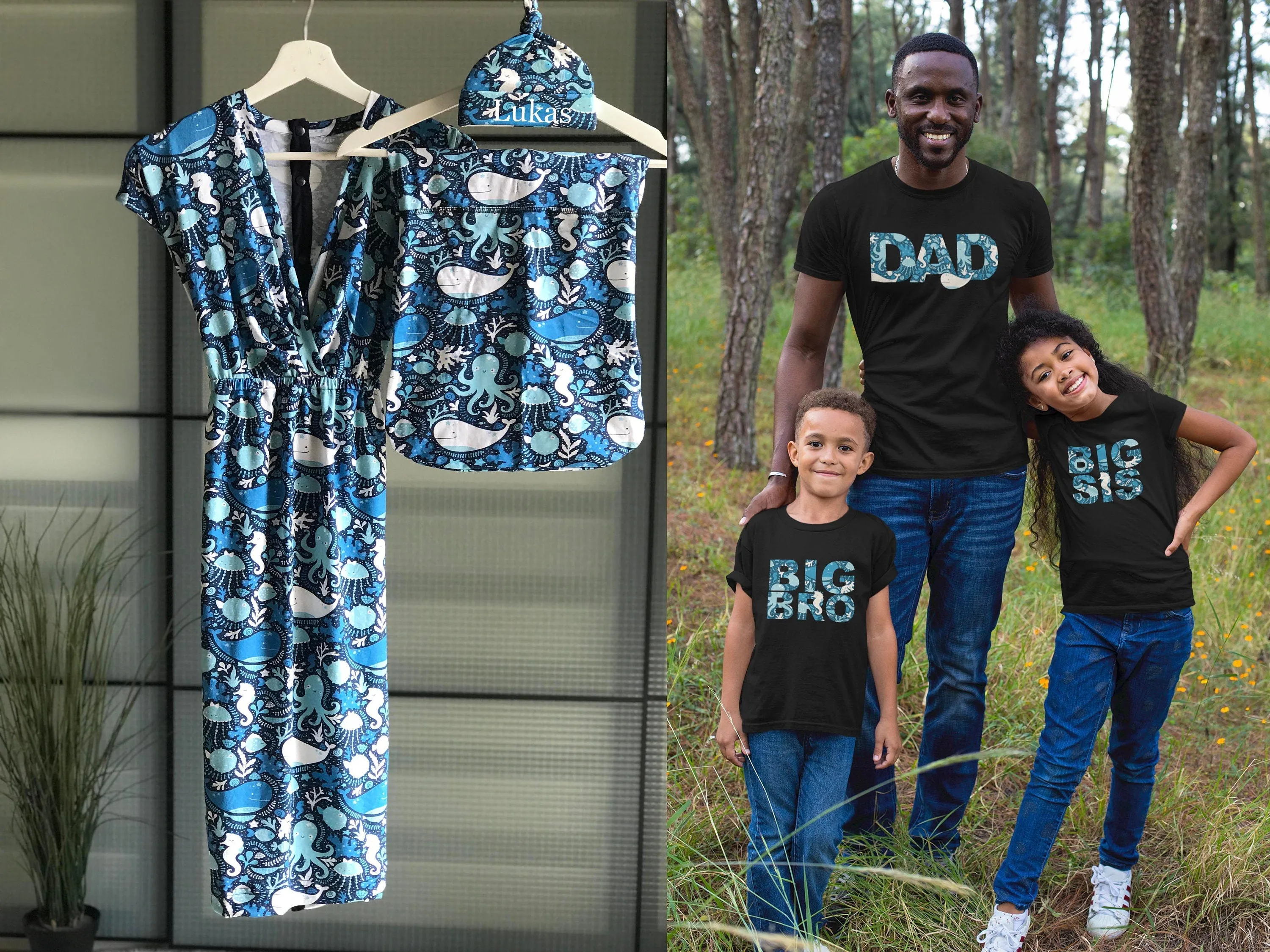 Dress for pregnancy, labor and delivery, breastfeeding, night time feeding, soft jersey cotton, flattering fit in happy whale. Baby boy.