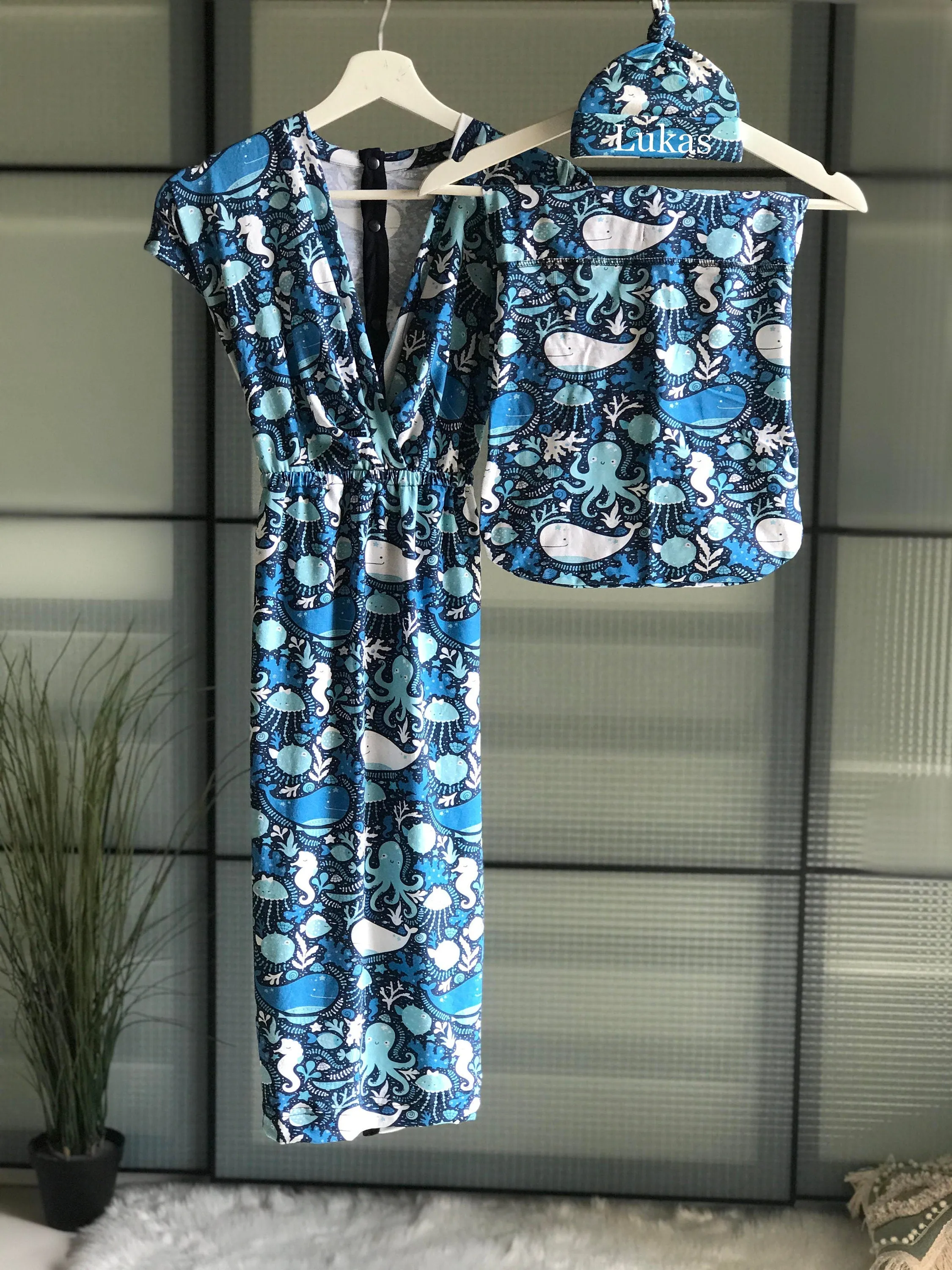 Dress for pregnancy, labor and delivery, breastfeeding, night time feeding, soft jersey cotton, flattering fit in happy whale. Baby boy.