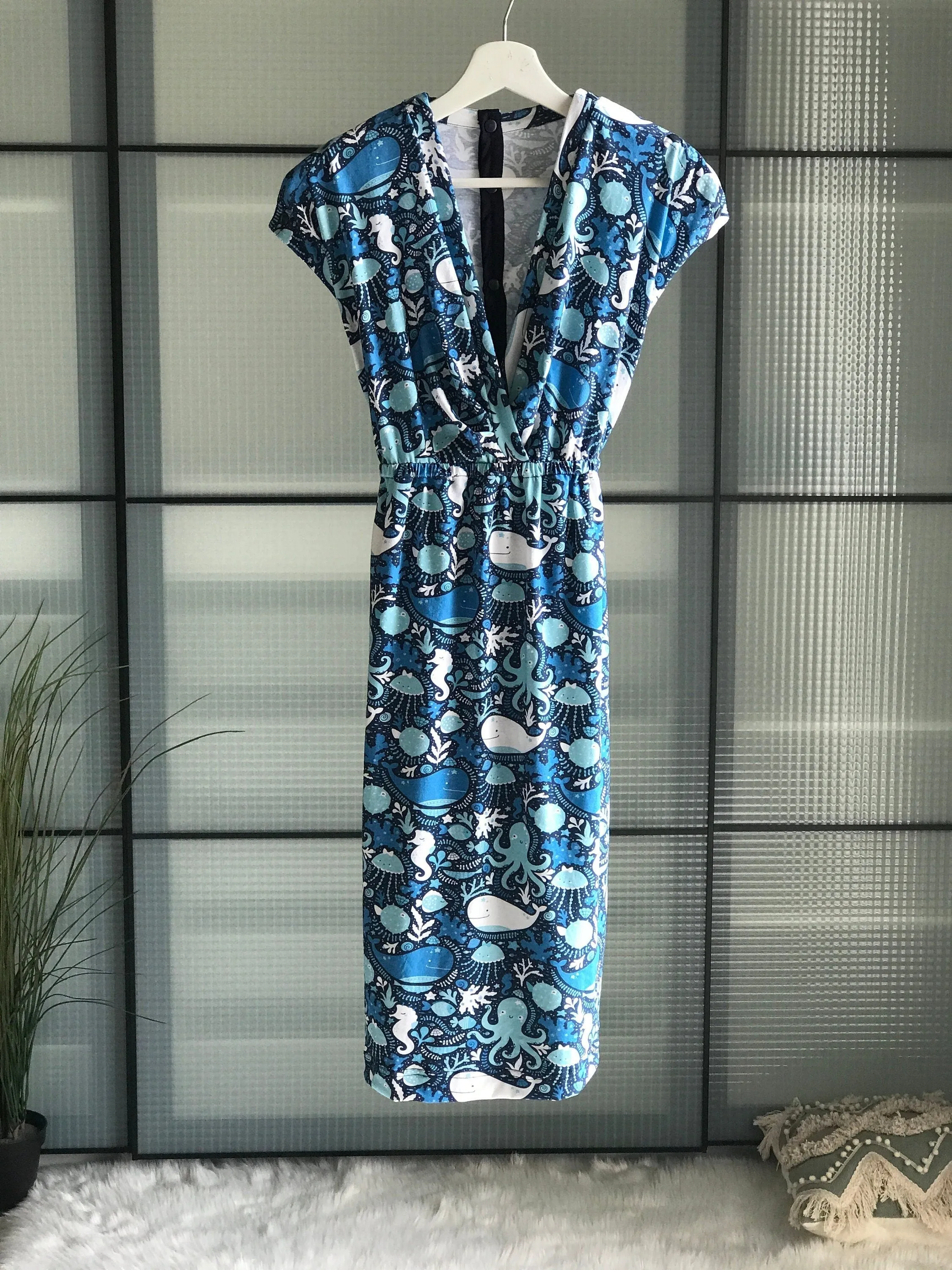 Dress for pregnancy, labor and delivery, breastfeeding, night time feeding, soft jersey cotton, flattering fit in happy whale. Baby boy.