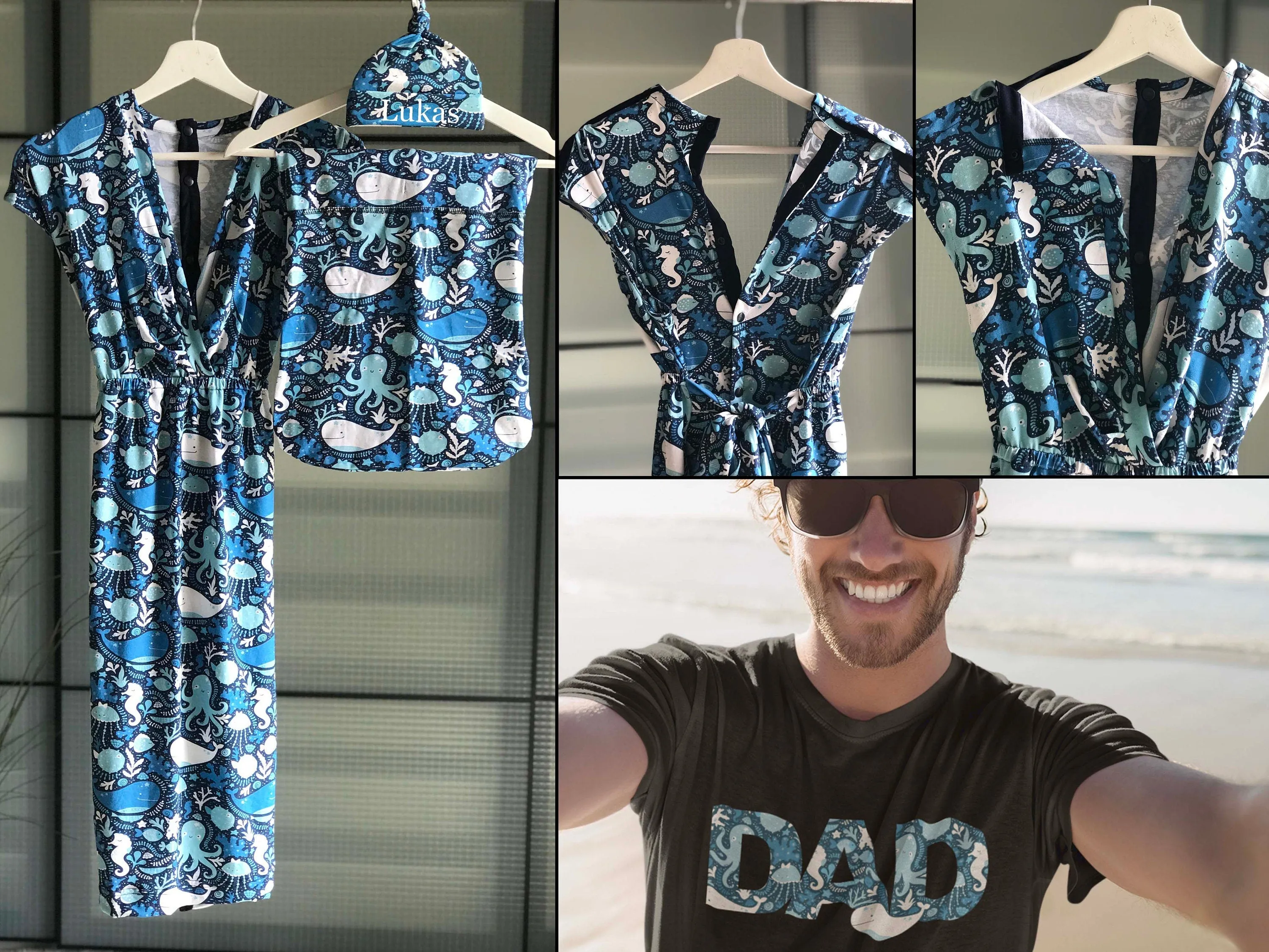 Dress for pregnancy, labor and delivery, breastfeeding, night time feeding, soft jersey cotton, flattering fit in happy whale. Baby boy.