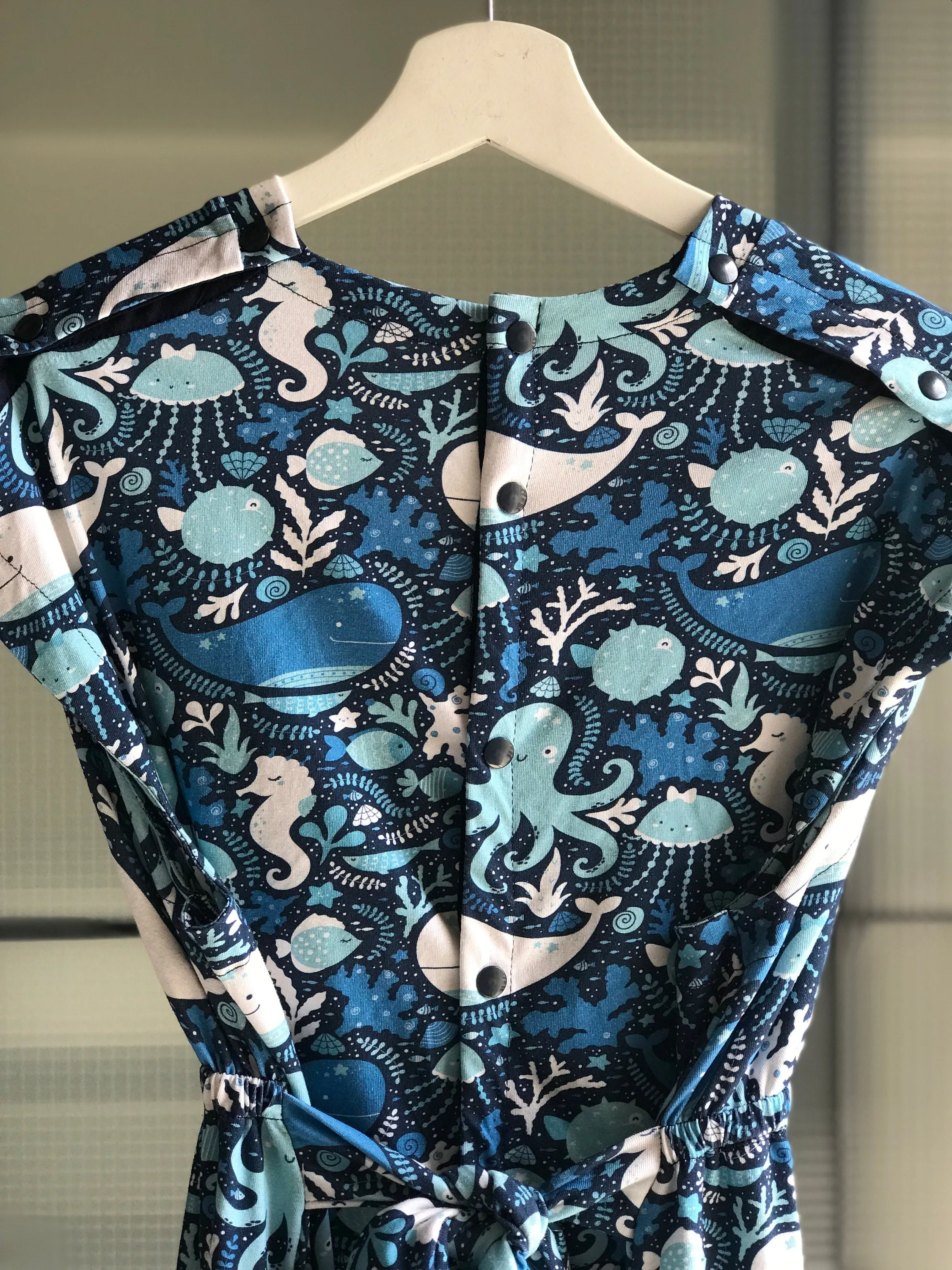 Dress for pregnancy, labor and delivery, breastfeeding, night time feeding, soft jersey cotton, flattering fit in happy whale. Baby boy.