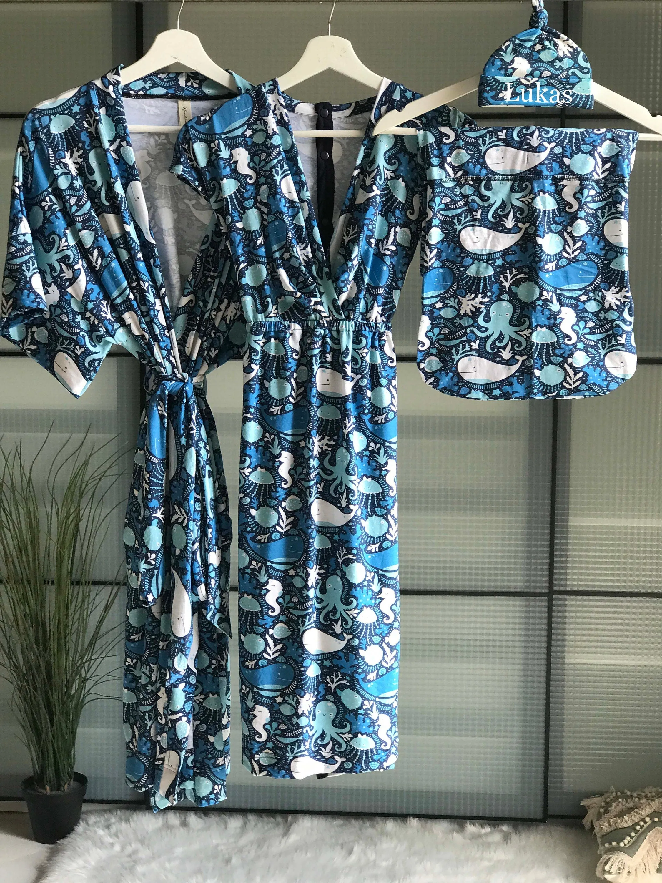 Dress for pregnancy, labor and delivery, breastfeeding, night time feeding, soft jersey cotton, flattering fit in happy whale. Baby boy.