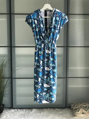 Dress for pregnancy, labor and delivery, breastfeeding, night time feeding, soft jersey cotton, flattering fit in happy whale. Baby boy.