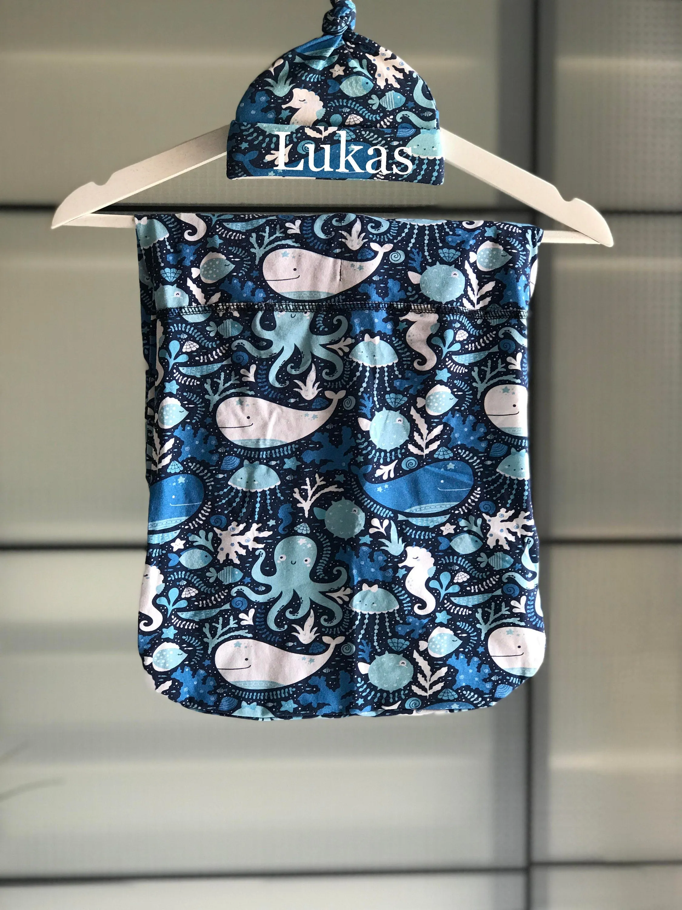 Dress for pregnancy, labor and delivery, breastfeeding, night time feeding, soft jersey cotton, flattering fit in happy whale. Baby boy.