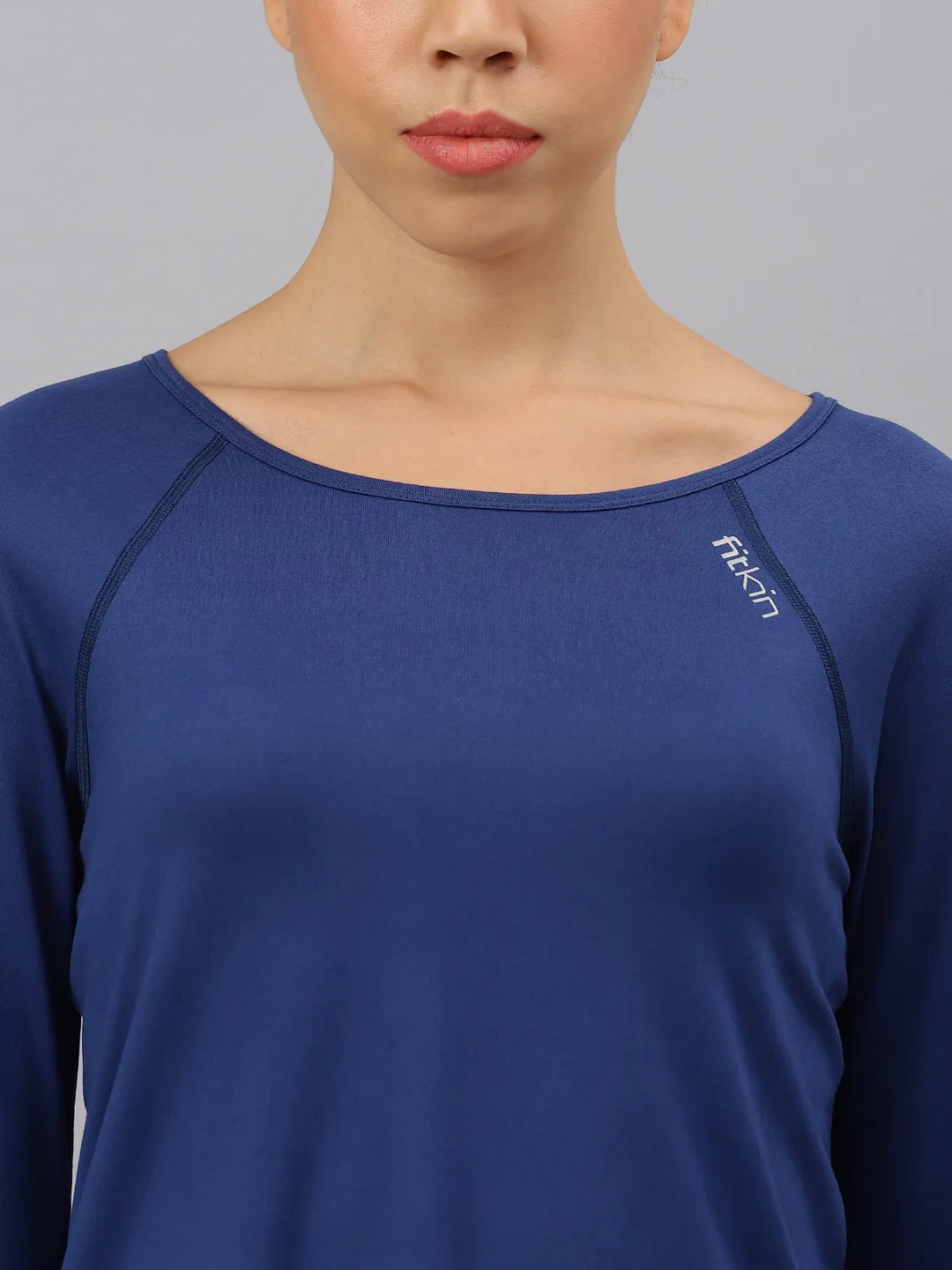 Fitkin women's blue round neck back laser cut design full sleeves t-shirt