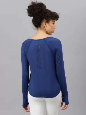 Fitkin women's blue round neck back laser cut design full sleeves t-shirt