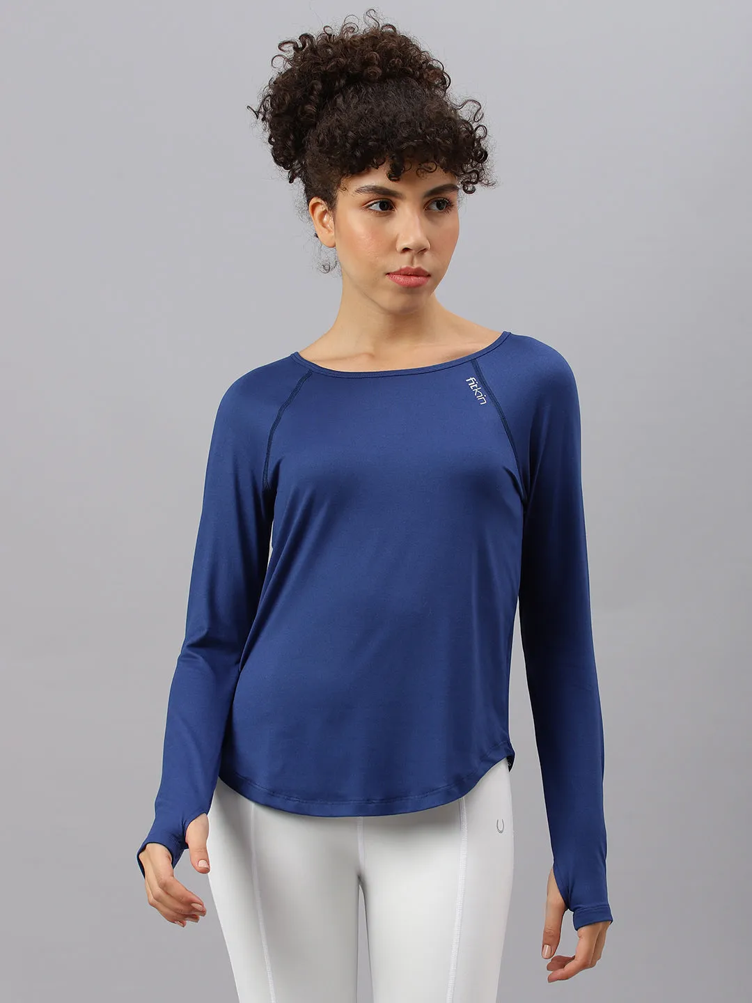 Fitkin women's blue round neck back laser cut design full sleeves t-shirt
