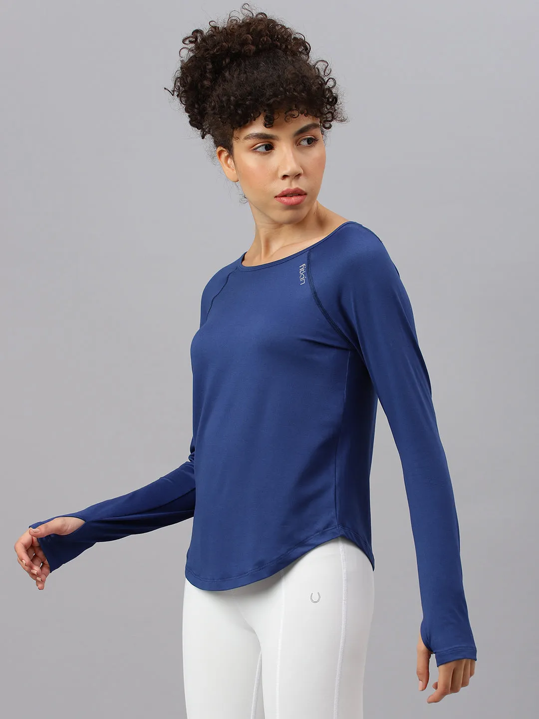 Fitkin women's blue round neck back laser cut design full sleeves t-shirt