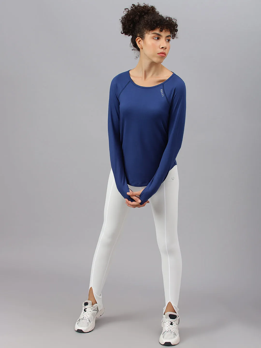 Fitkin women's blue round neck back laser cut design full sleeves t-shirt