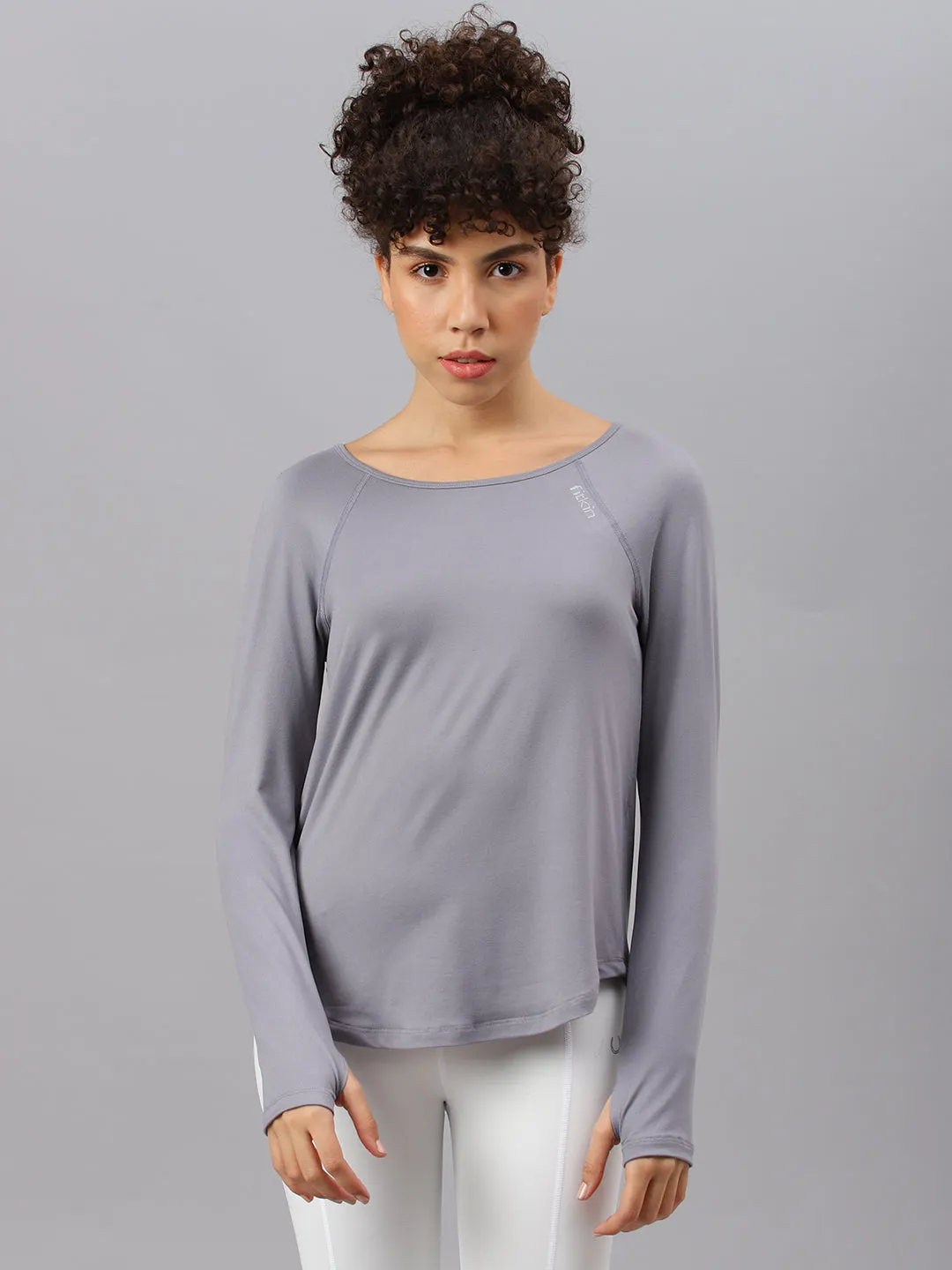 Fitkin women's grey round neck back laser cut design full sleeves t-shirt