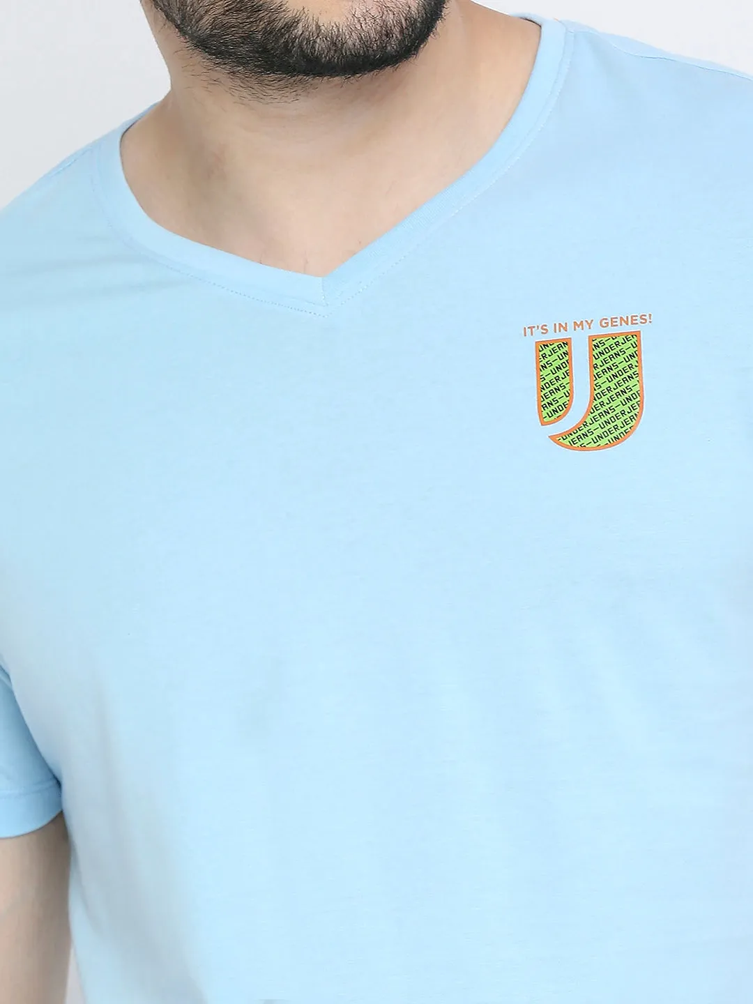 Men Premium Powderblue Cotton V-Neck T-Shirt- Underjeans By Spykar