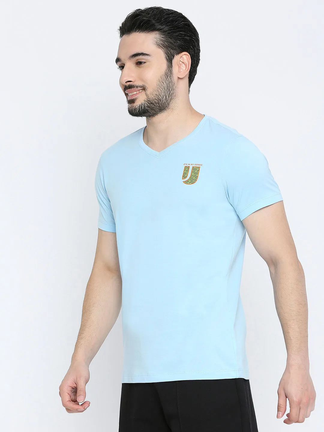 Men Premium Powderblue Cotton V-Neck T-Shirt- Underjeans By Spykar