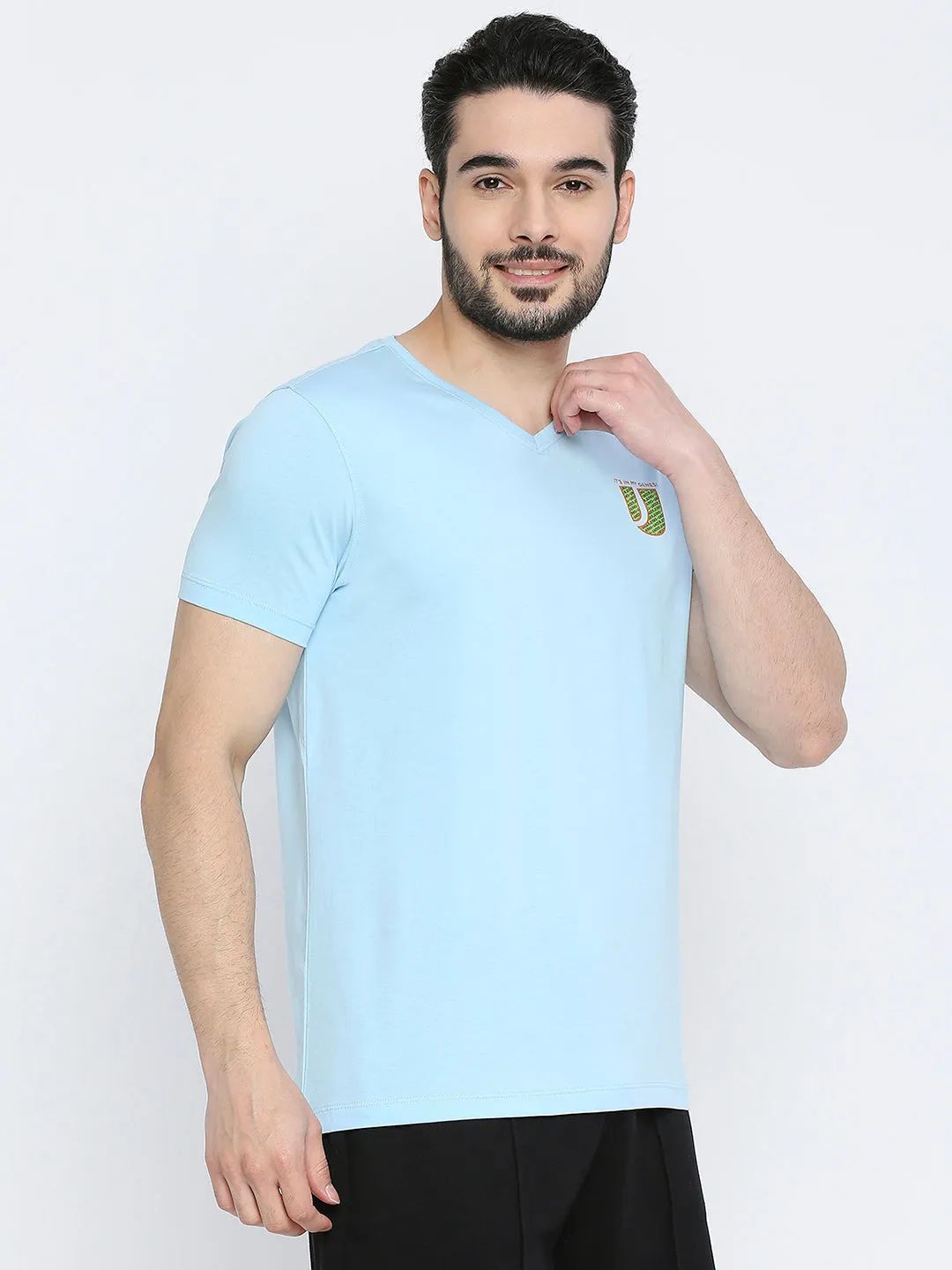 Men Premium Powderblue Cotton V-Neck T-Shirt- Underjeans By Spykar