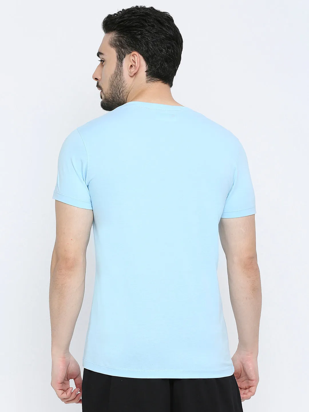 Men Premium Powderblue Cotton V-Neck T-Shirt- Underjeans By Spykar