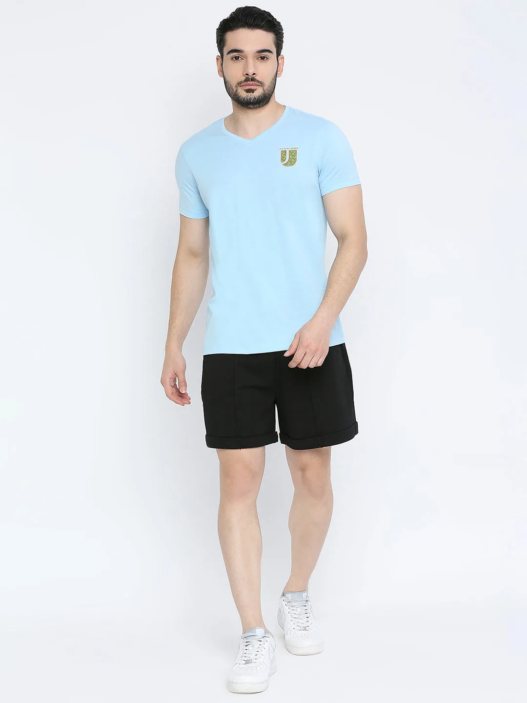 Men Premium Powderblue Cotton V-Neck T-Shirt- Underjeans By Spykar