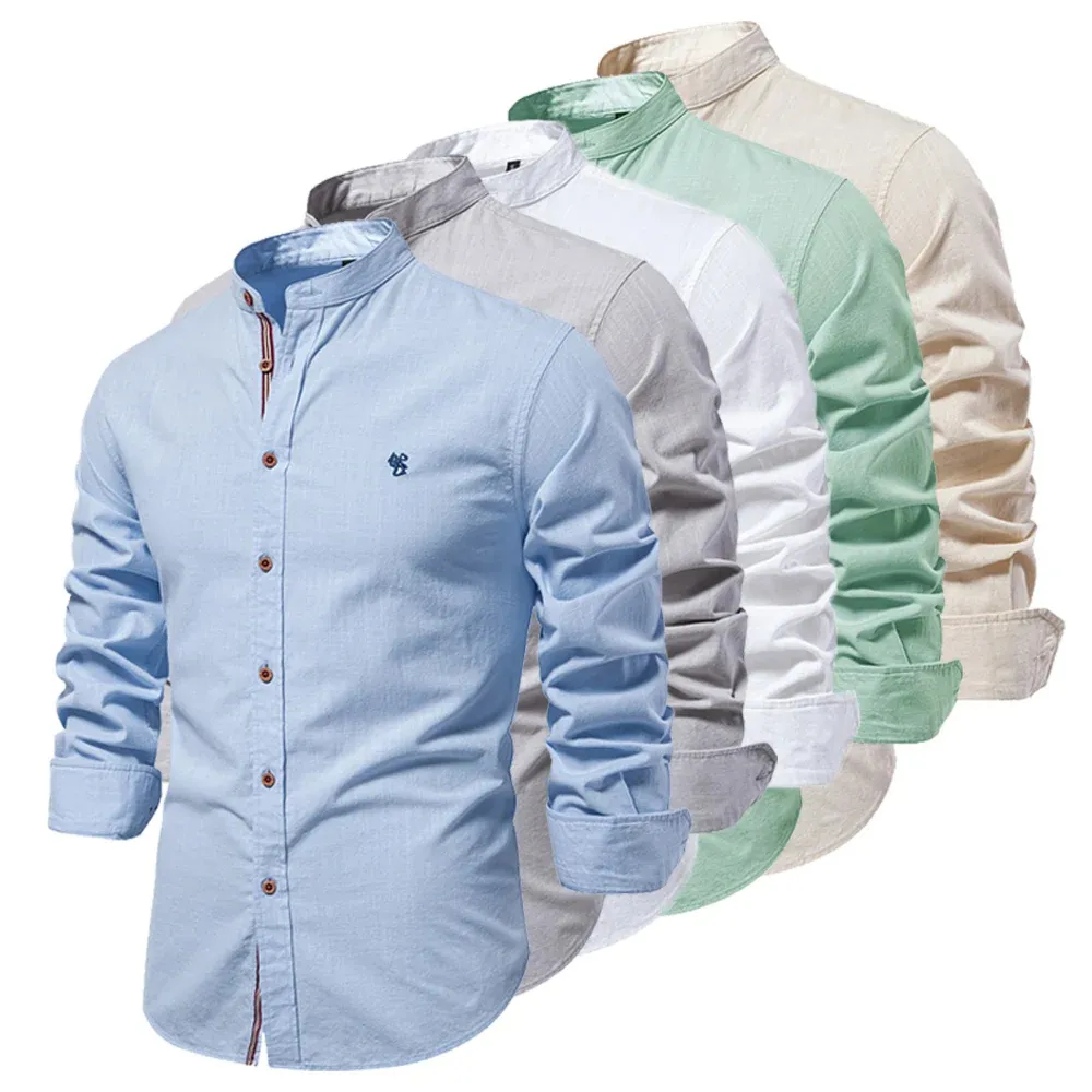 Men's Casual Shirt with Stand-up Collar with Button Closure and Embroidery | Perfect for All Seasons