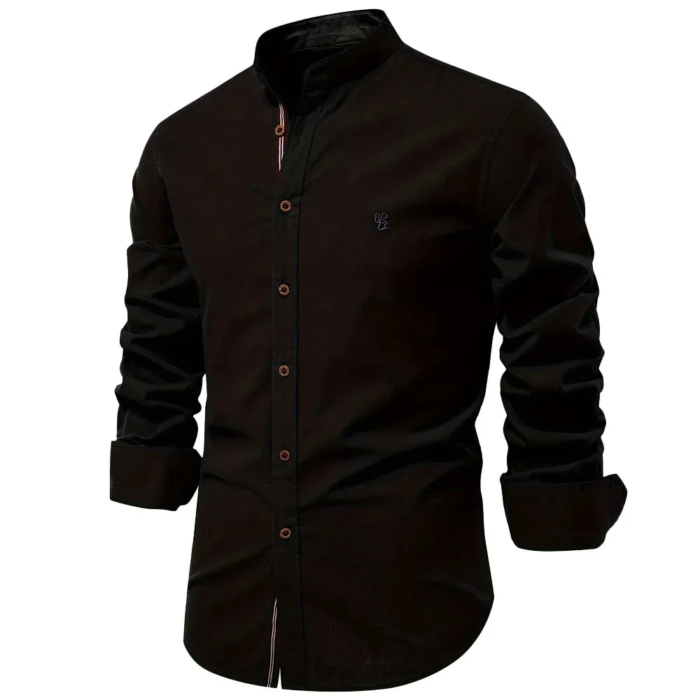 Men's Casual Shirt with Stand-up Collar with Button Closure and Embroidery | Perfect for All Seasons