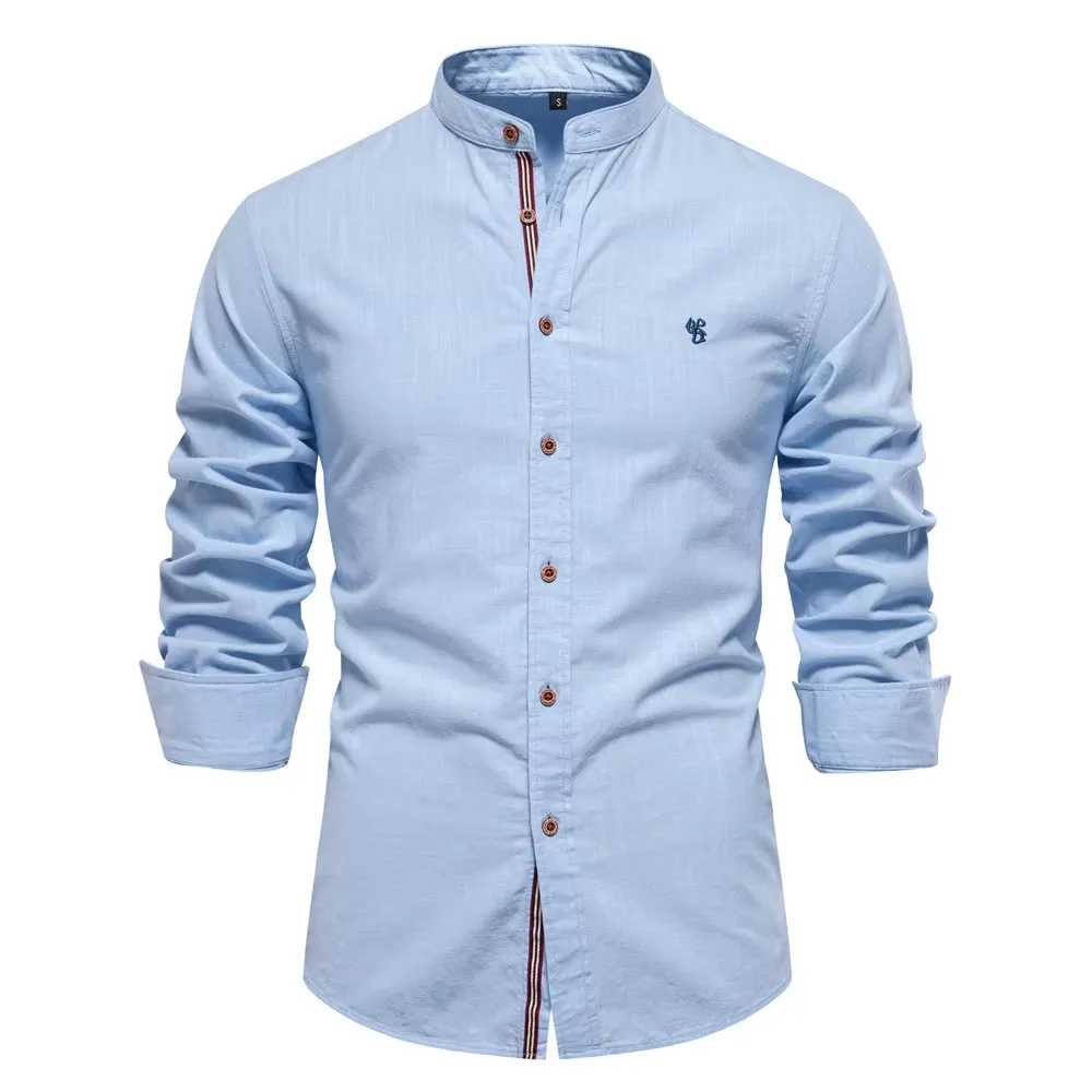 Men's Casual Shirt with Stand-up Collar with Button Closure and Embroidery | Perfect for All Seasons