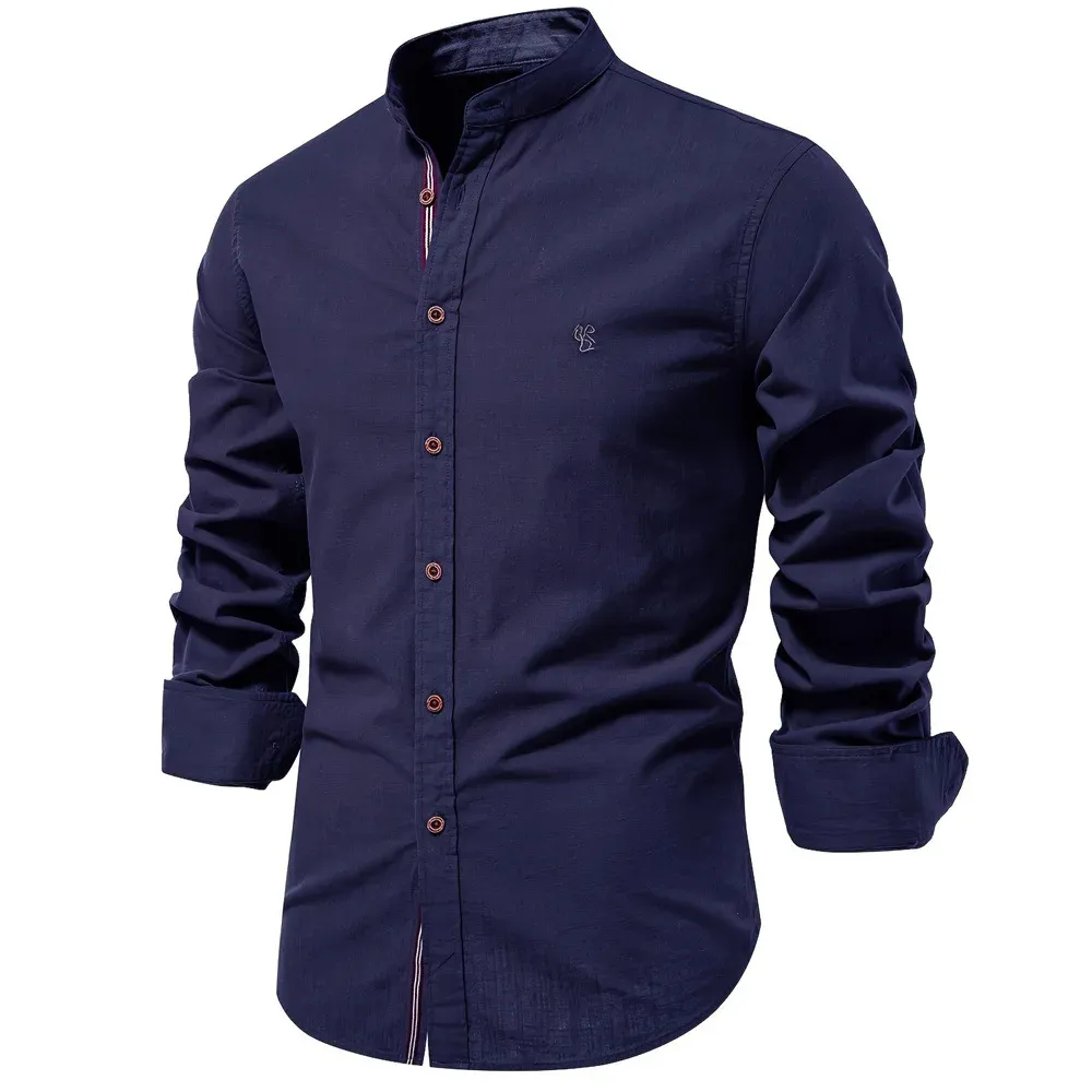 Men's Casual Shirt with Stand-up Collar with Button Closure and Embroidery | Perfect for All Seasons