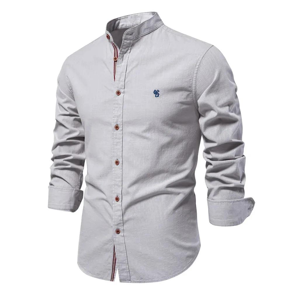 Men's Casual Shirt with Stand-up Collar with Button Closure and Embroidery | Perfect for All Seasons