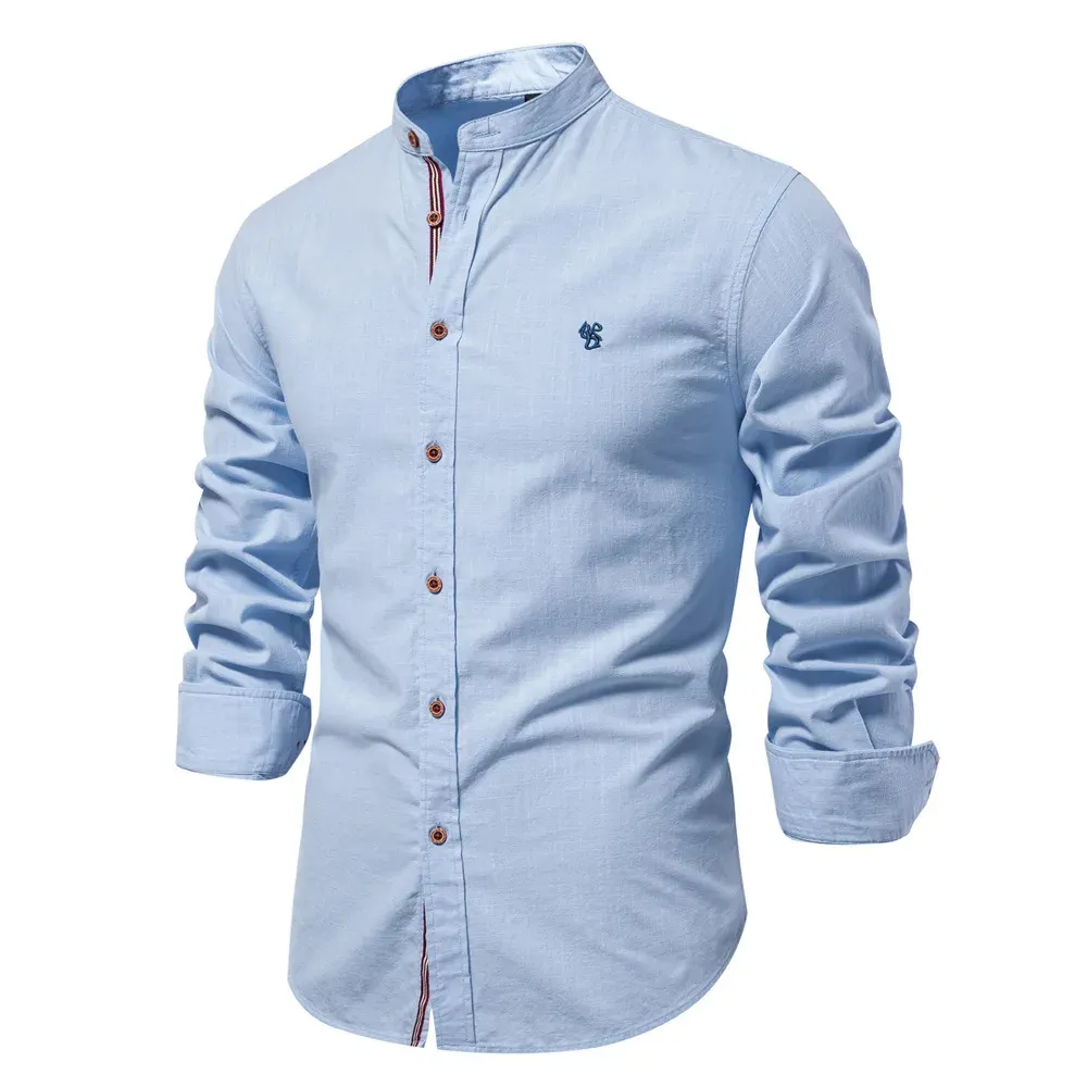 Men's Casual Shirt with Stand-up Collar with Button Closure and Embroidery | Perfect for All Seasons