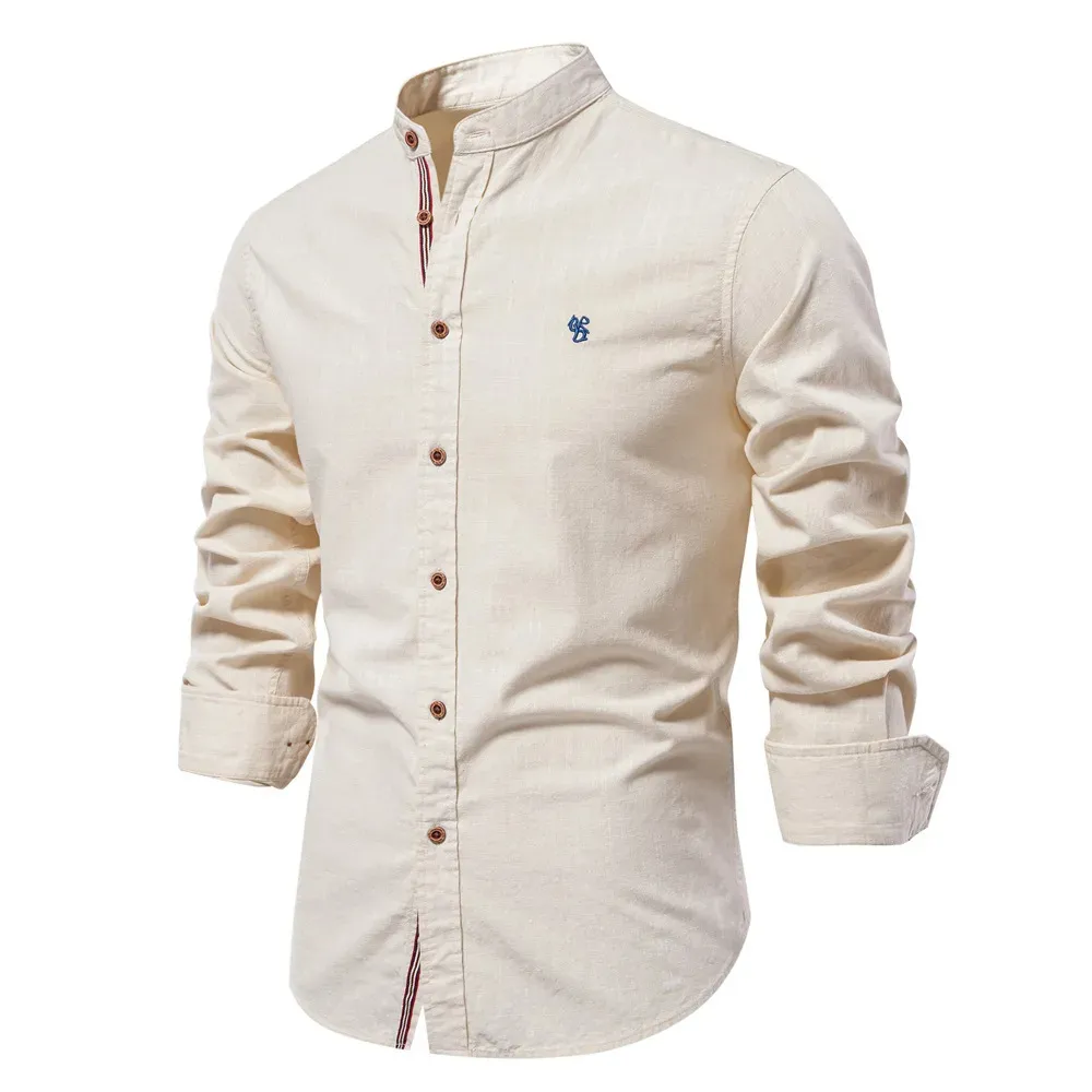 Men's Casual Shirt with Stand-up Collar with Button Closure and Embroidery | Perfect for All Seasons