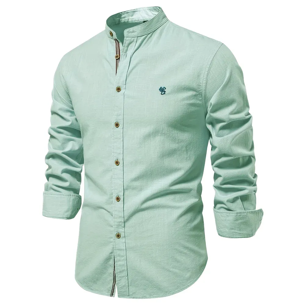 Men's Casual Shirt with Stand-up Collar with Button Closure and Embroidery | Perfect for All Seasons