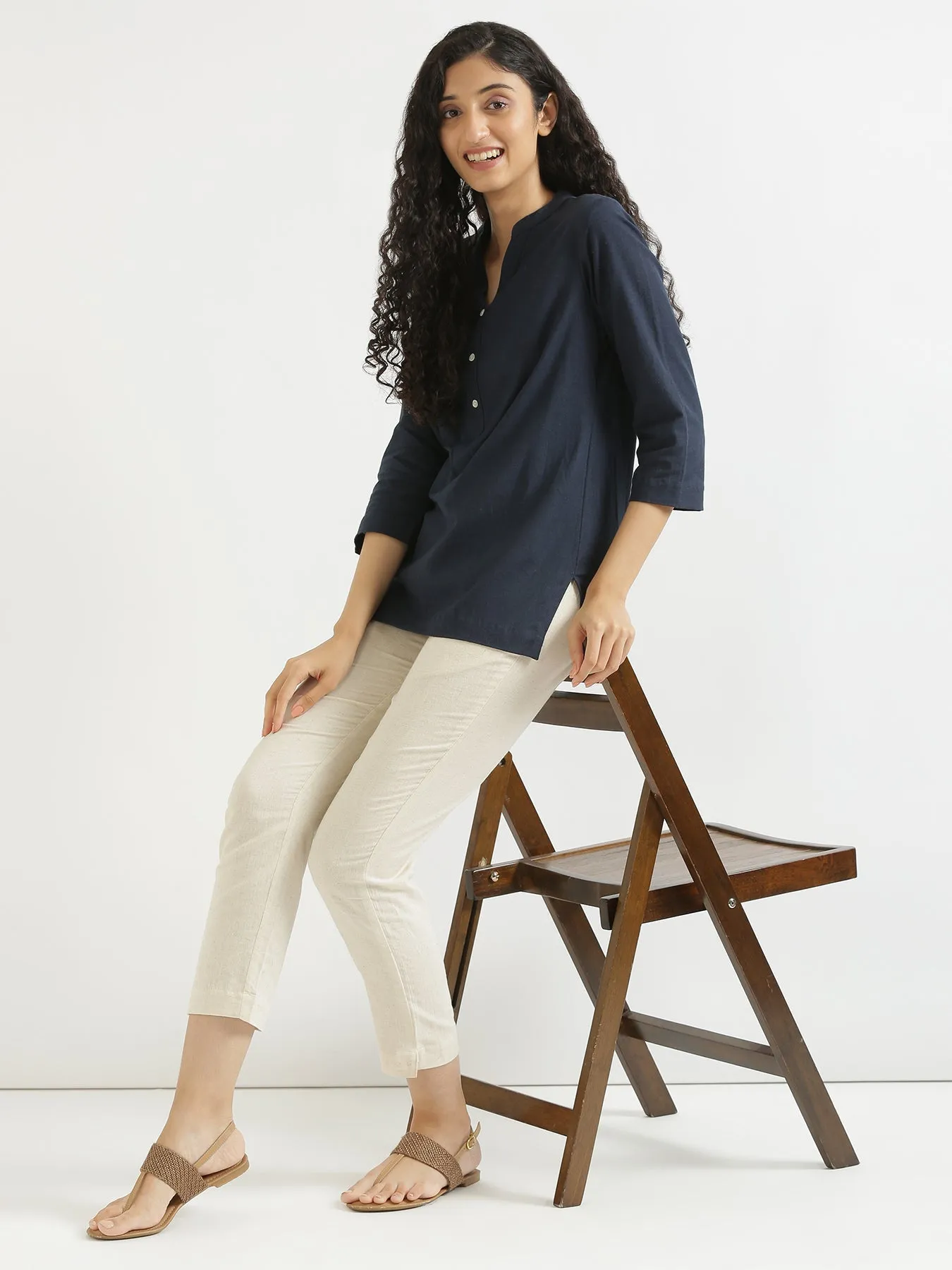 Navy Blue Airy Linen Short Kurta