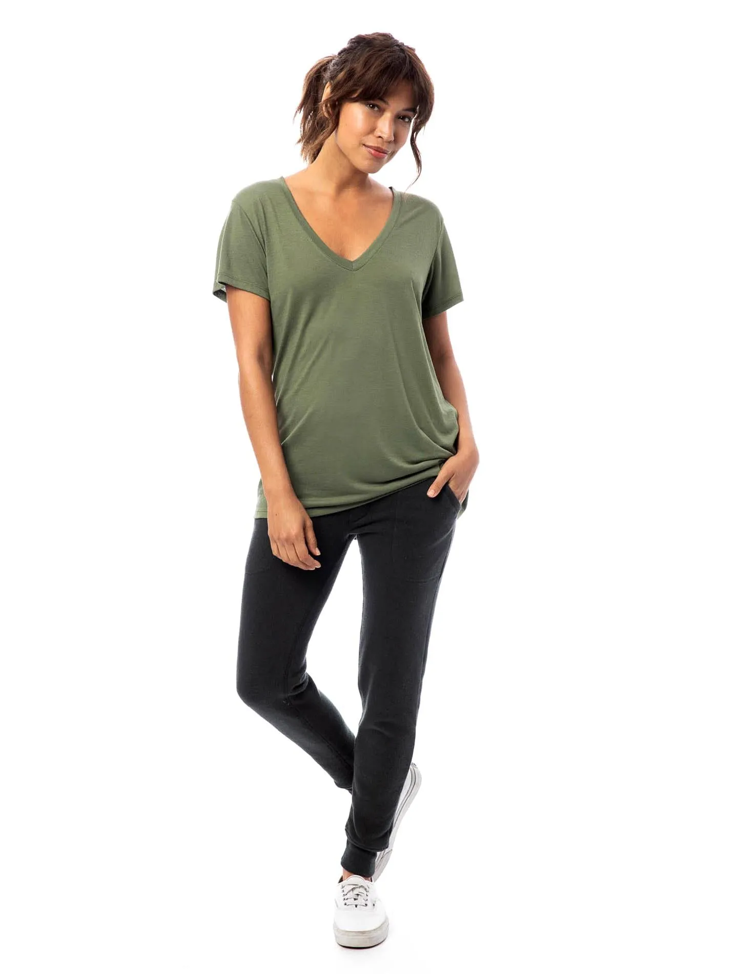 Slinky Jersey V-Neck T-Shirt (Army Green)
